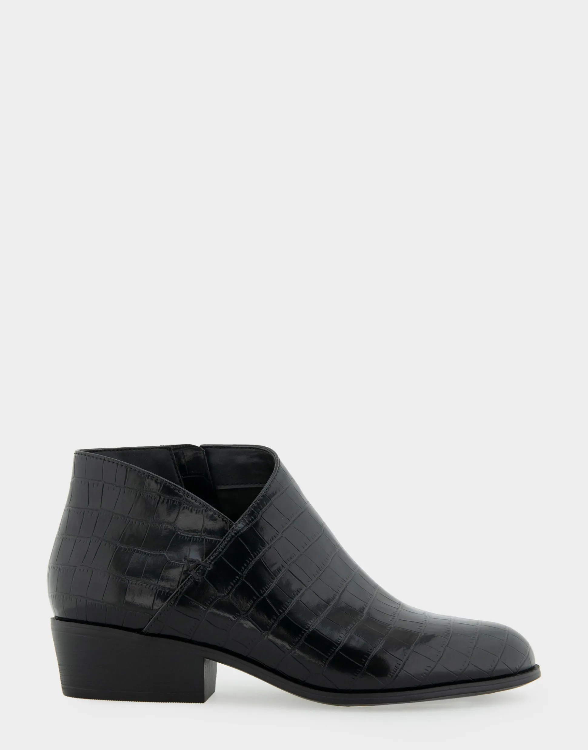 Comfortable Women's Asymmetrical Envelope Low Bootie in Black Croco Faux Leather Croco Faux Leather
