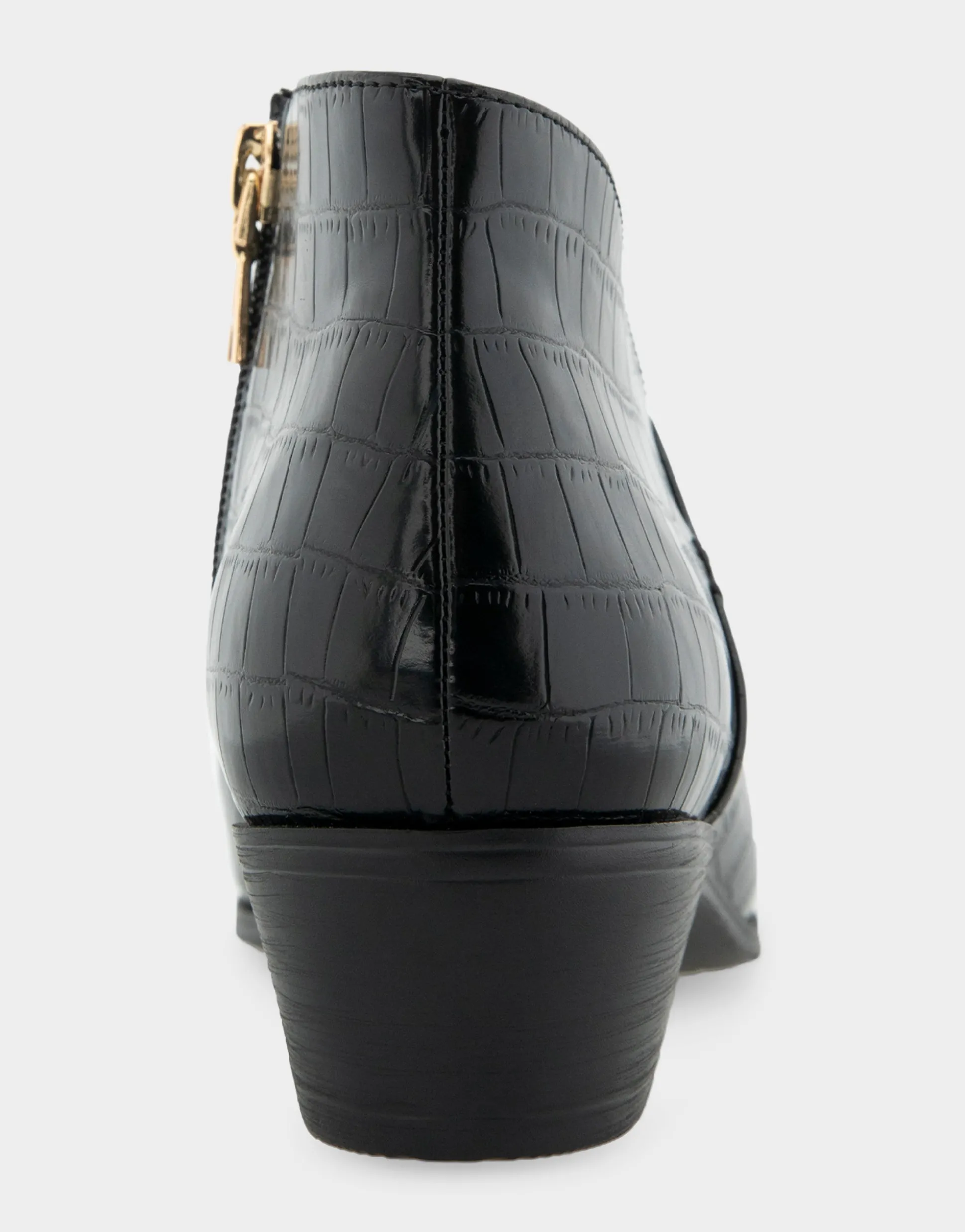 Comfortable Women's Asymmetrical Envelope Low Bootie in Black Croco Faux Leather Croco Faux Leather