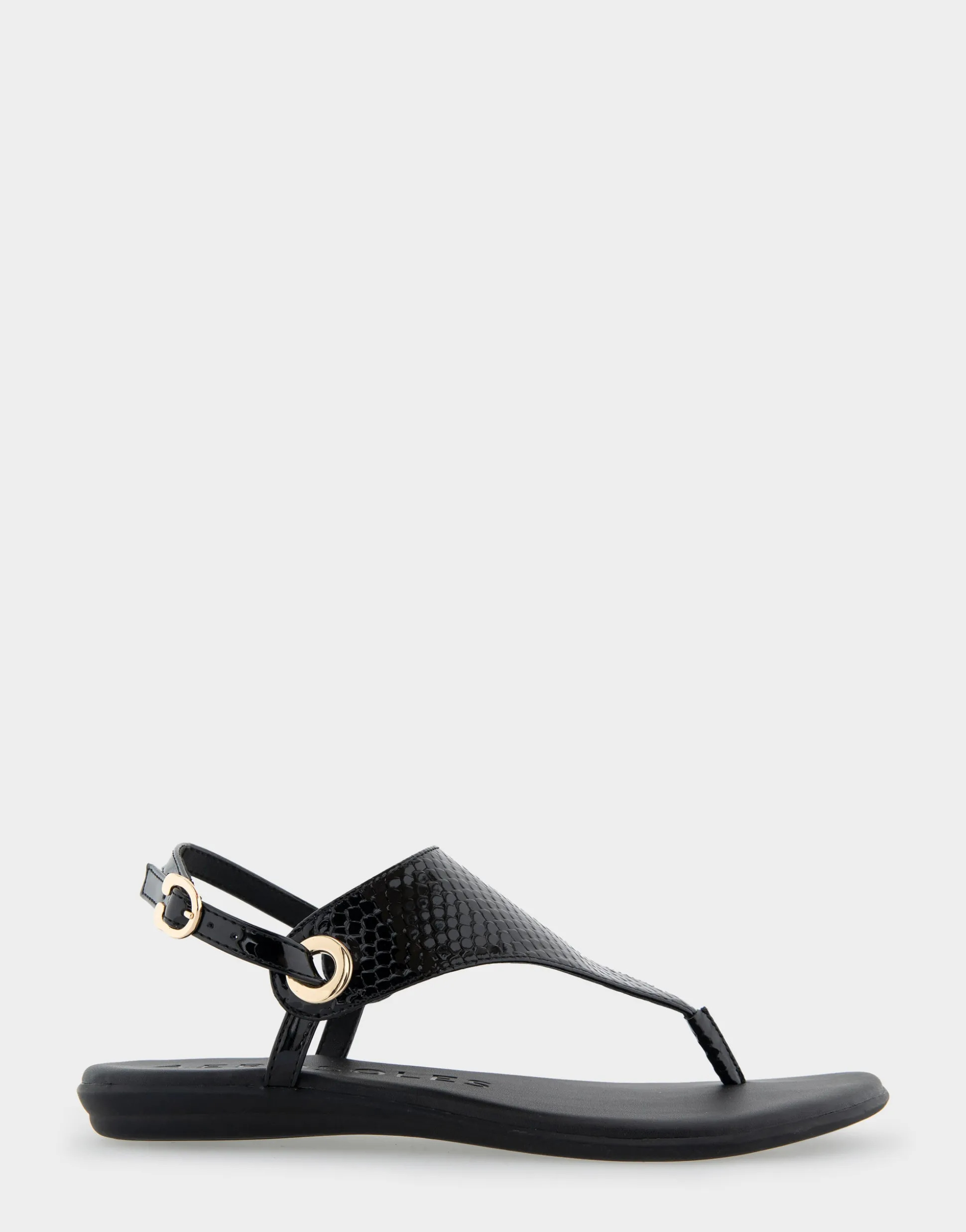 Comfortable Women's Back Strap Thong Sandal in Black Snake Patent Faux Leather