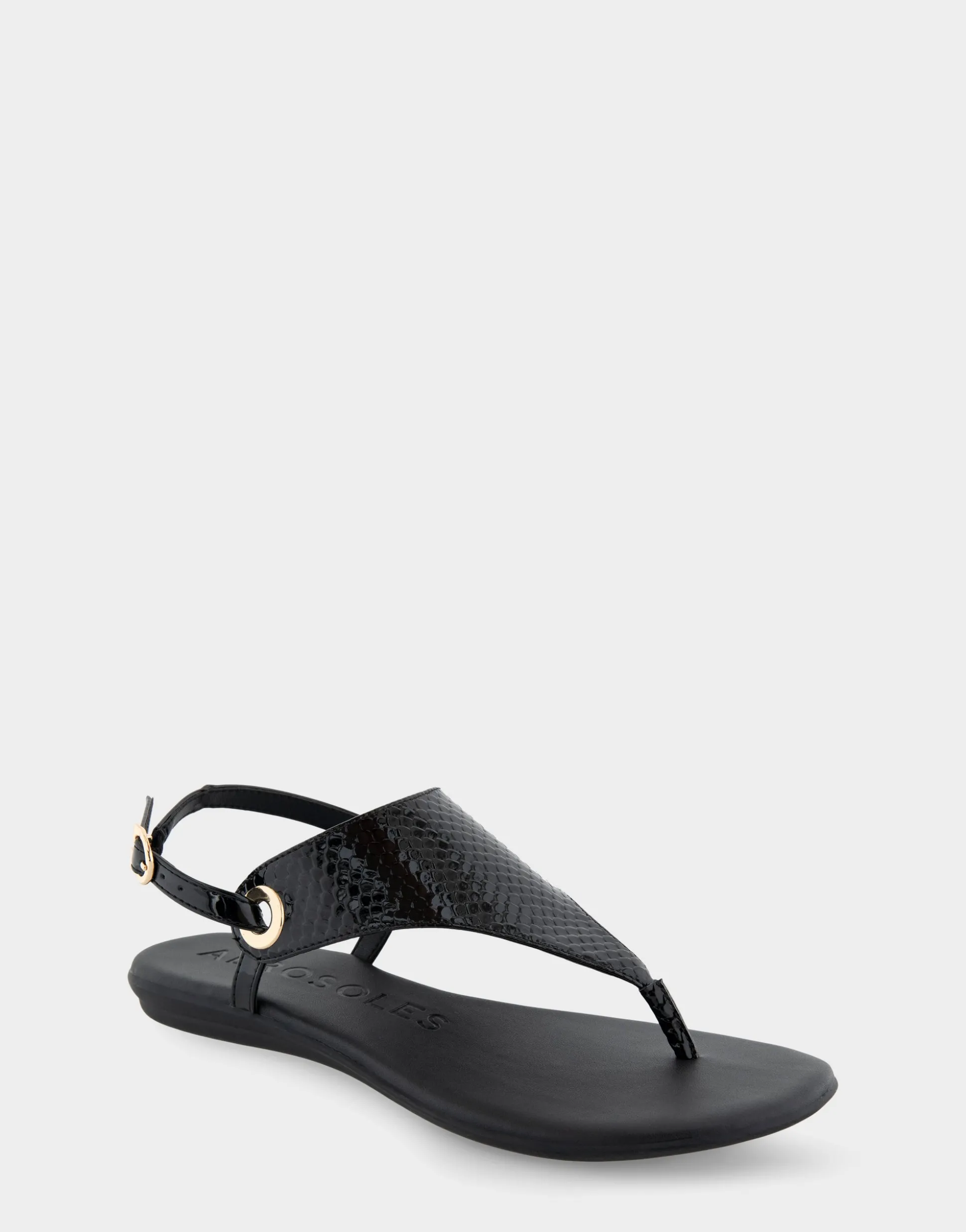 Comfortable Women's Back Strap Thong Sandal in Black Snake Patent Faux Leather