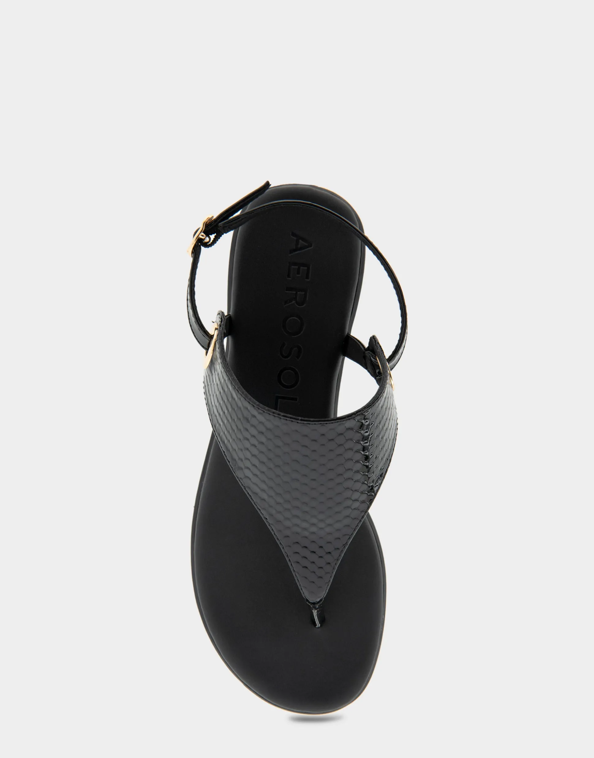 Comfortable Women's Back Strap Thong Sandal in Black Snake Patent Faux Leather