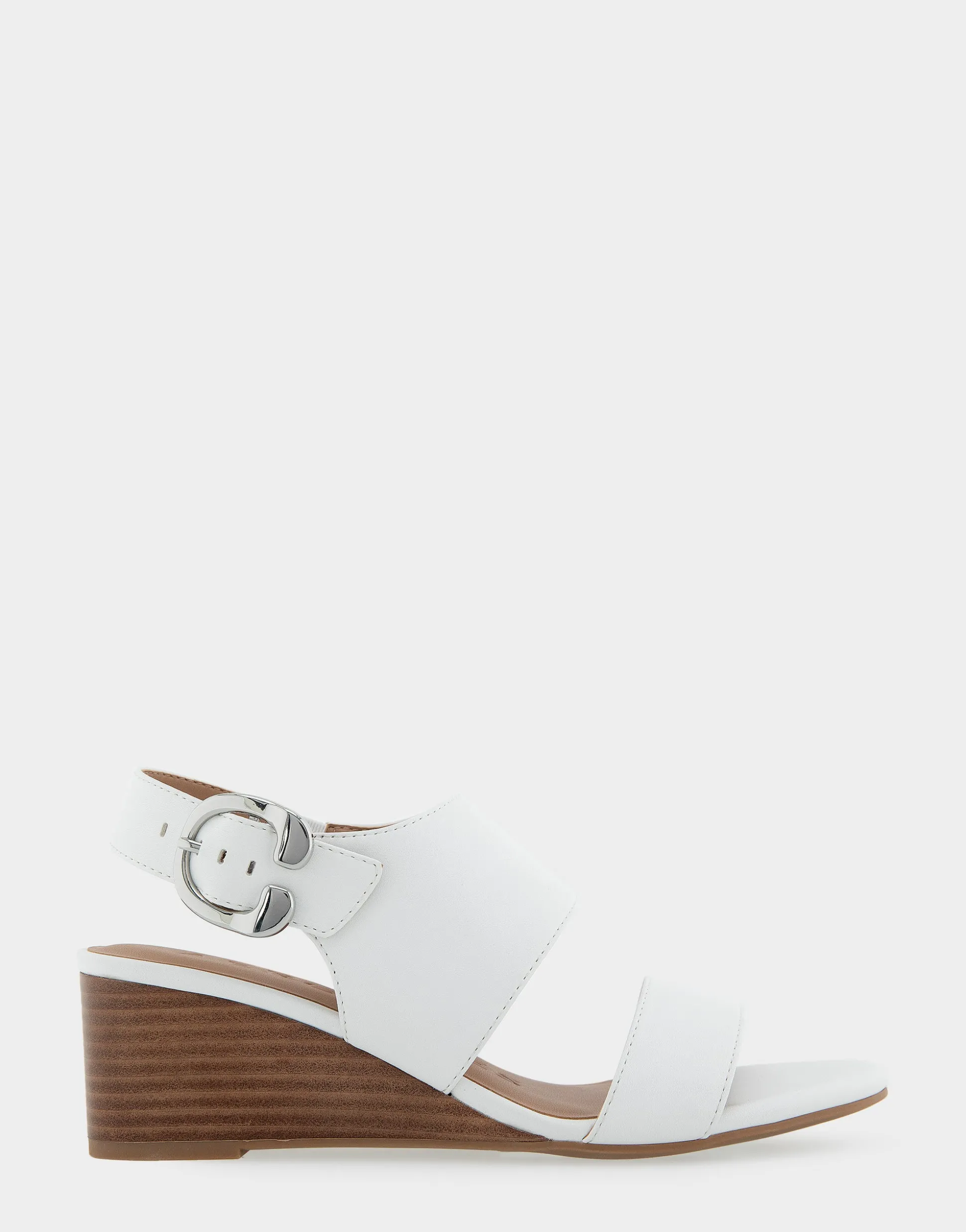 Comfortable Women's Buckle Back Mid Wedge Sandal in White Faux Leather