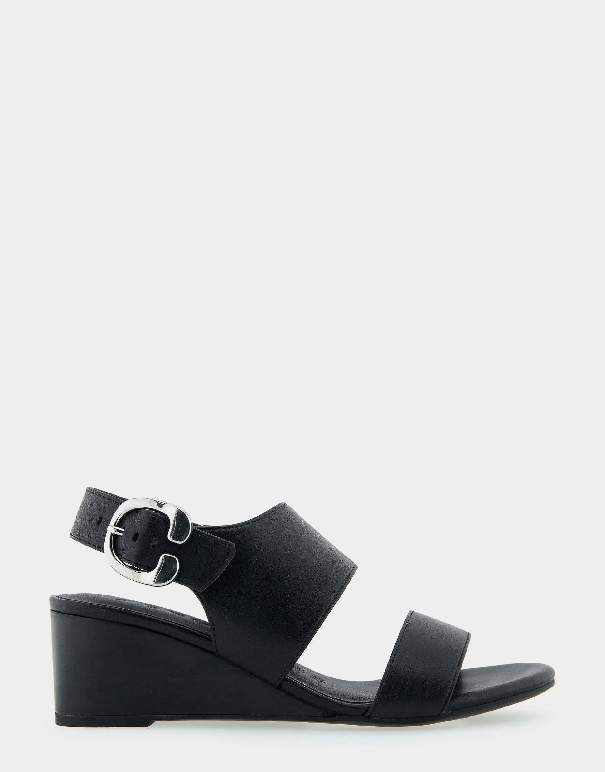 Comfortable Women's Buckle Back Mid Wedge Sandal in Black Faux Leather