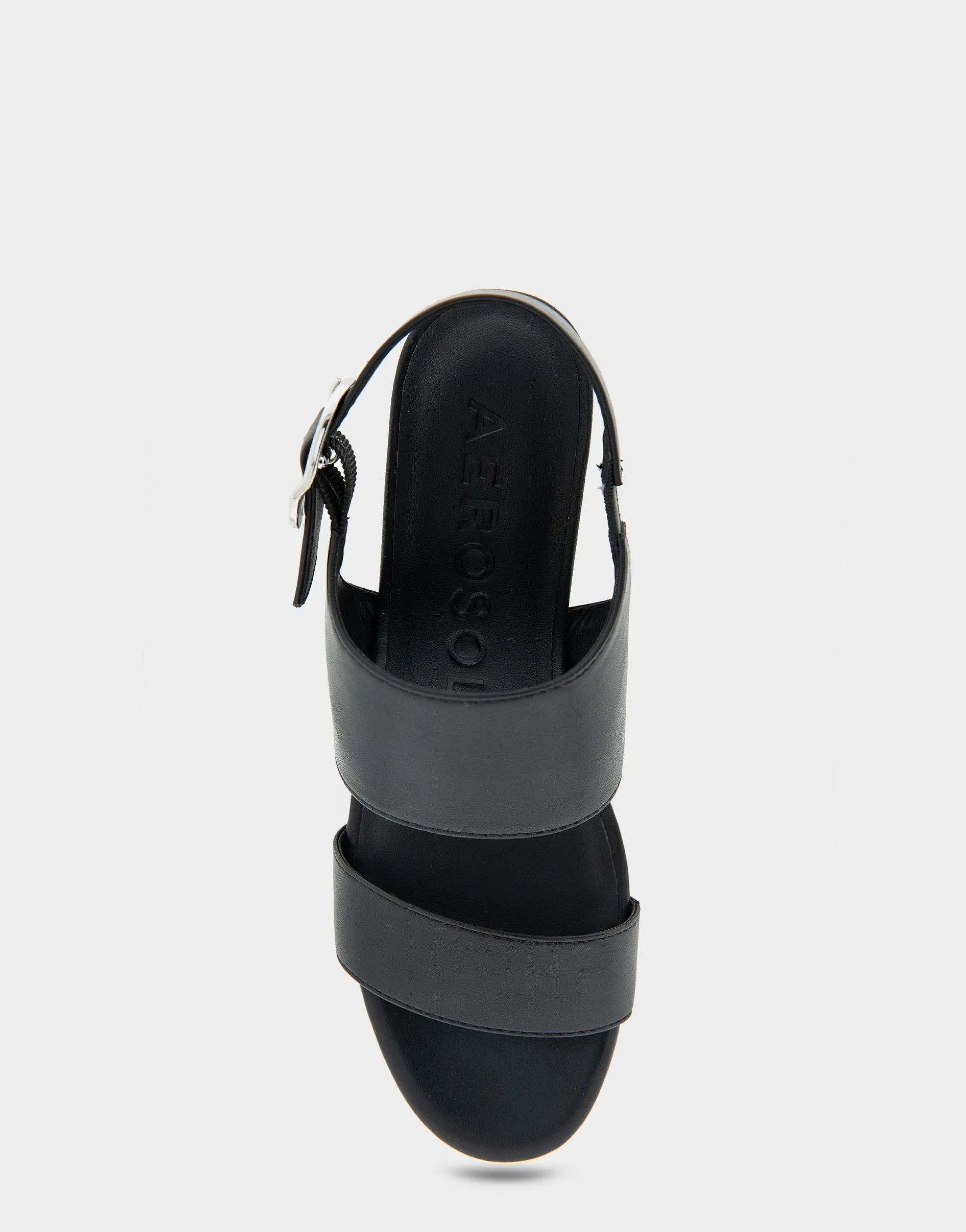 Comfortable Women's Buckle Back Mid Wedge Sandal in Black Faux Leather