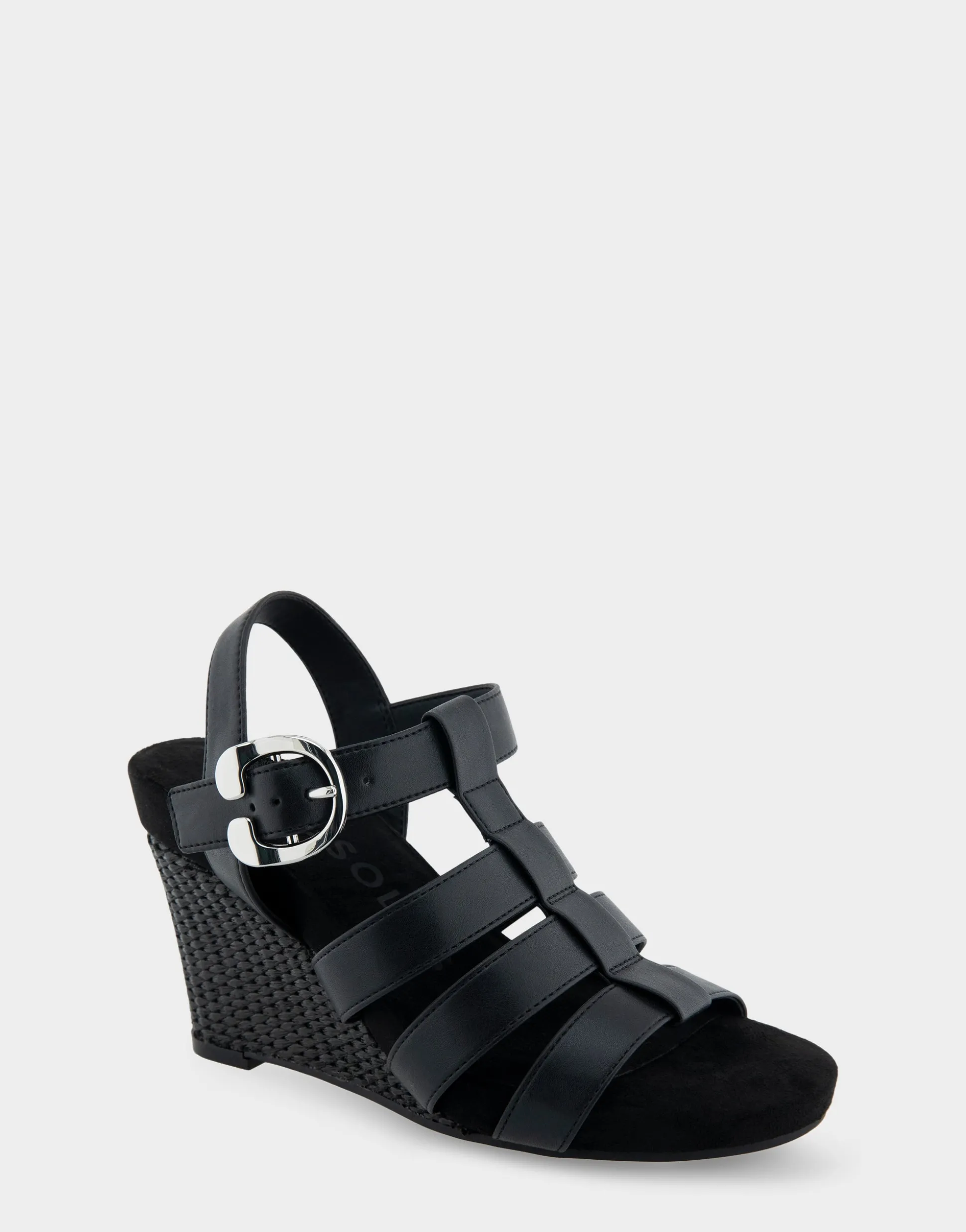 Comfortable Women's Caged Footbed Wedge Sandal in Black Faux Leather
