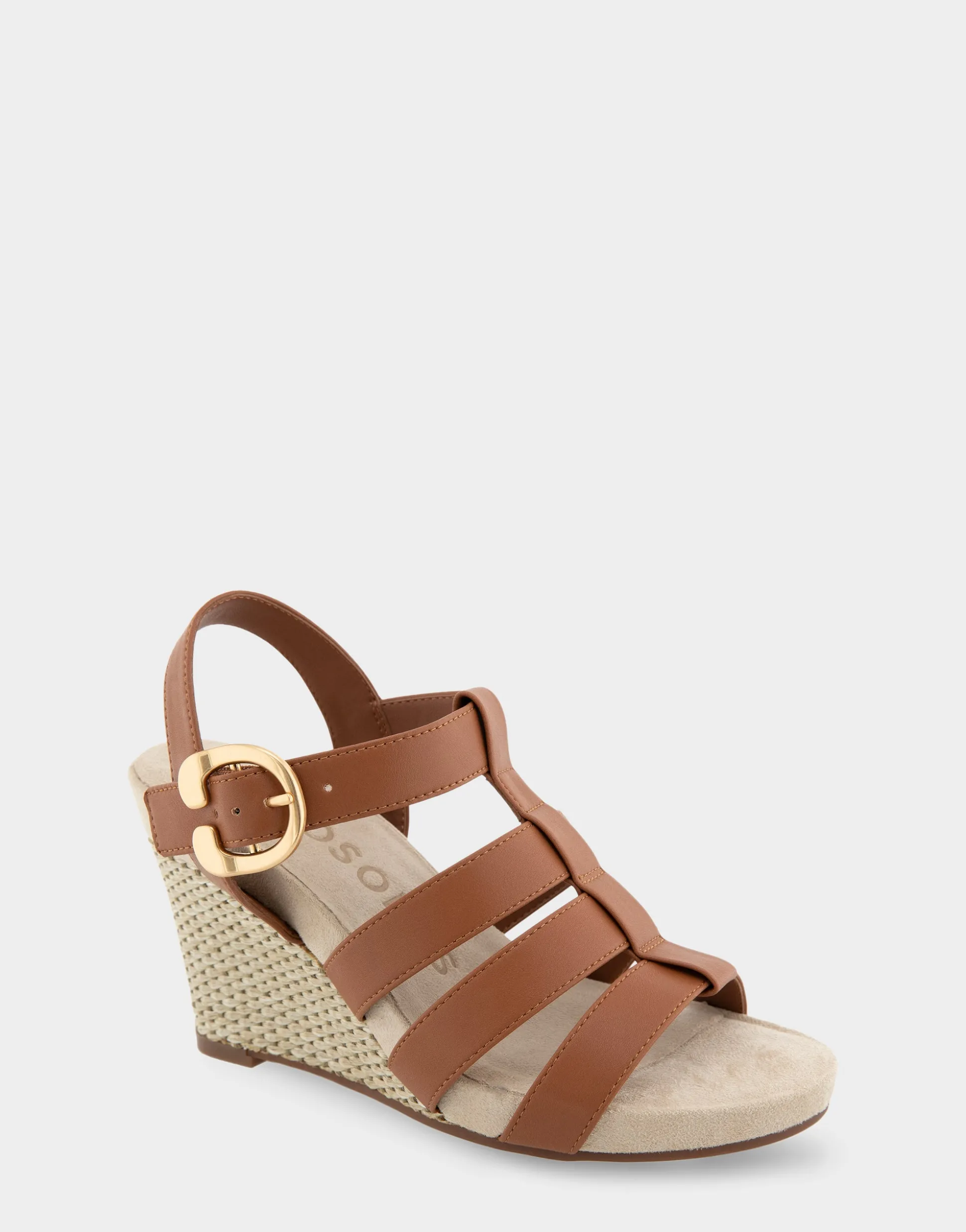 Comfortable Women's Caged Footbed Wedge Sandal in Tan Faux Leather
