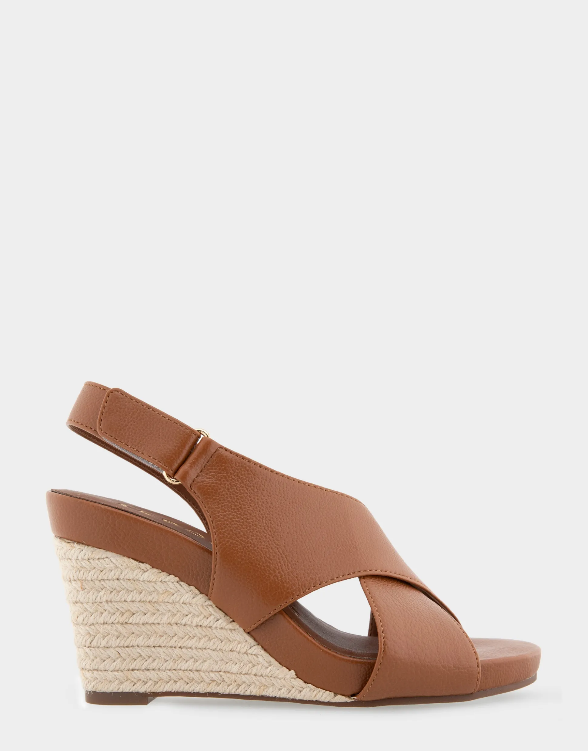 Comfortable Women's Crisscross Velcro Back Footbed Wedge Sandal in Tan Faux Leather