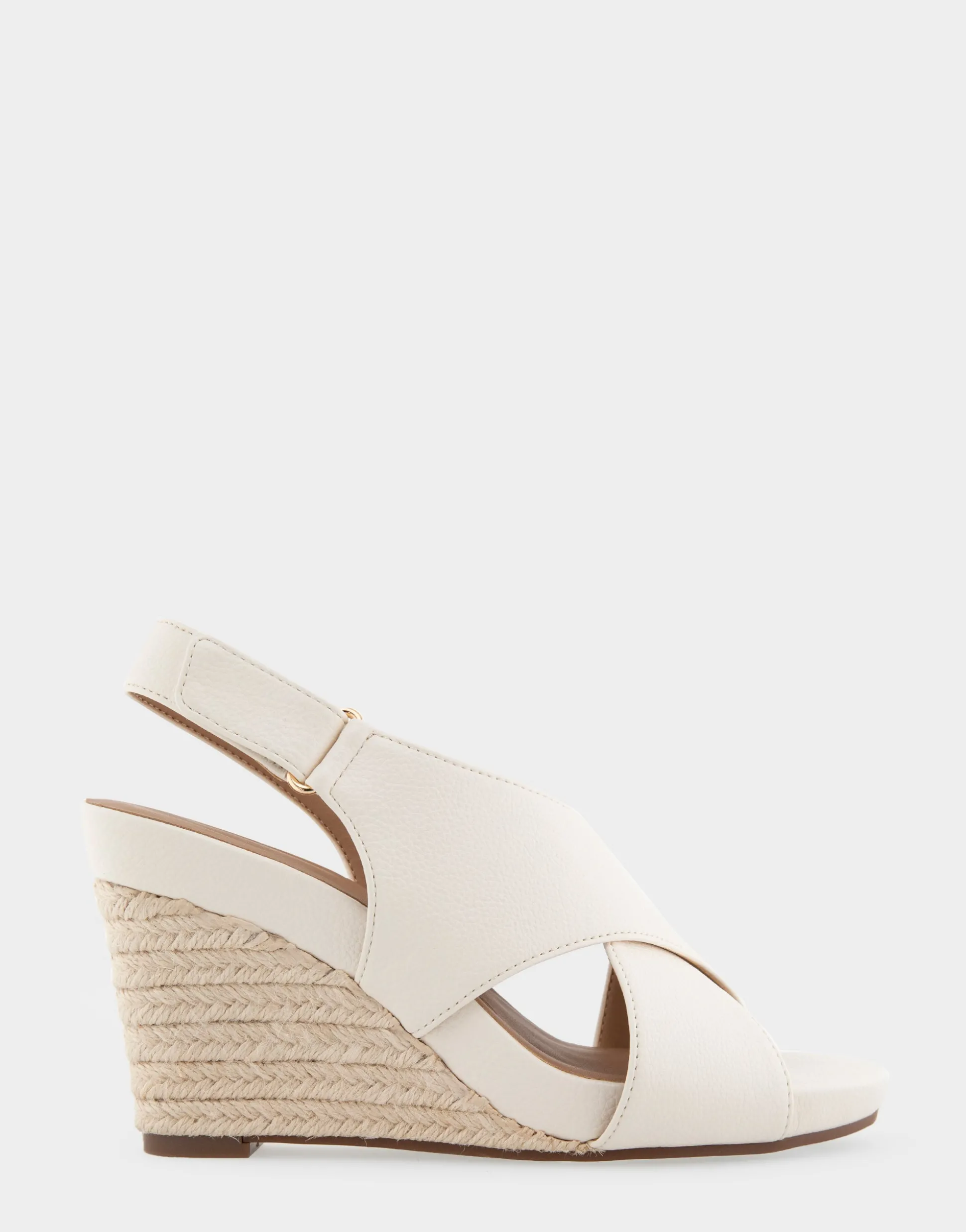 Comfortable Women's Crisscross Velcro Back Footbed Wedge Sandal in Eggnog Faux Leather Faux Suede