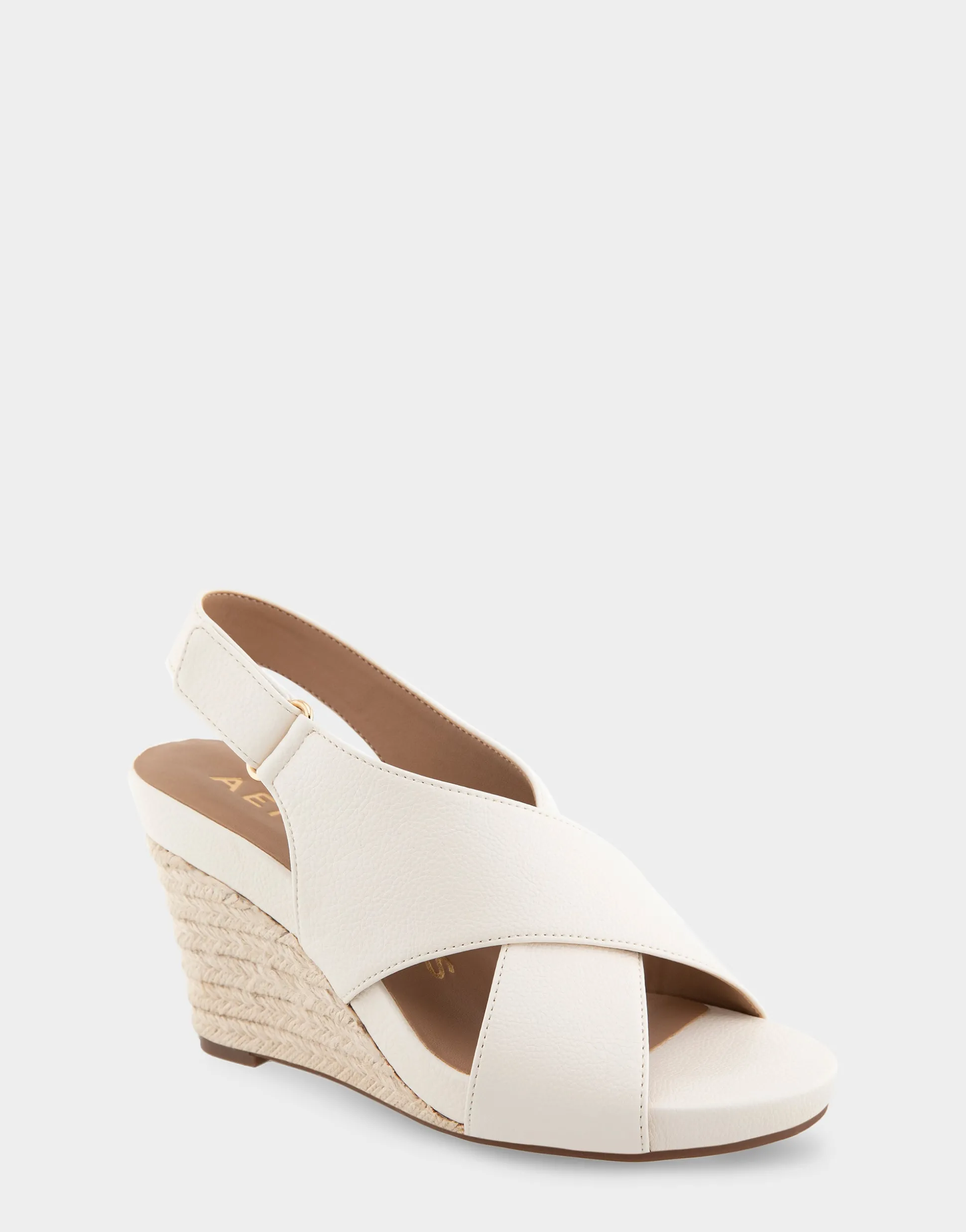 Comfortable Women's Crisscross Velcro Back Footbed Wedge Sandal in Eggnog Faux Leather Faux Suede