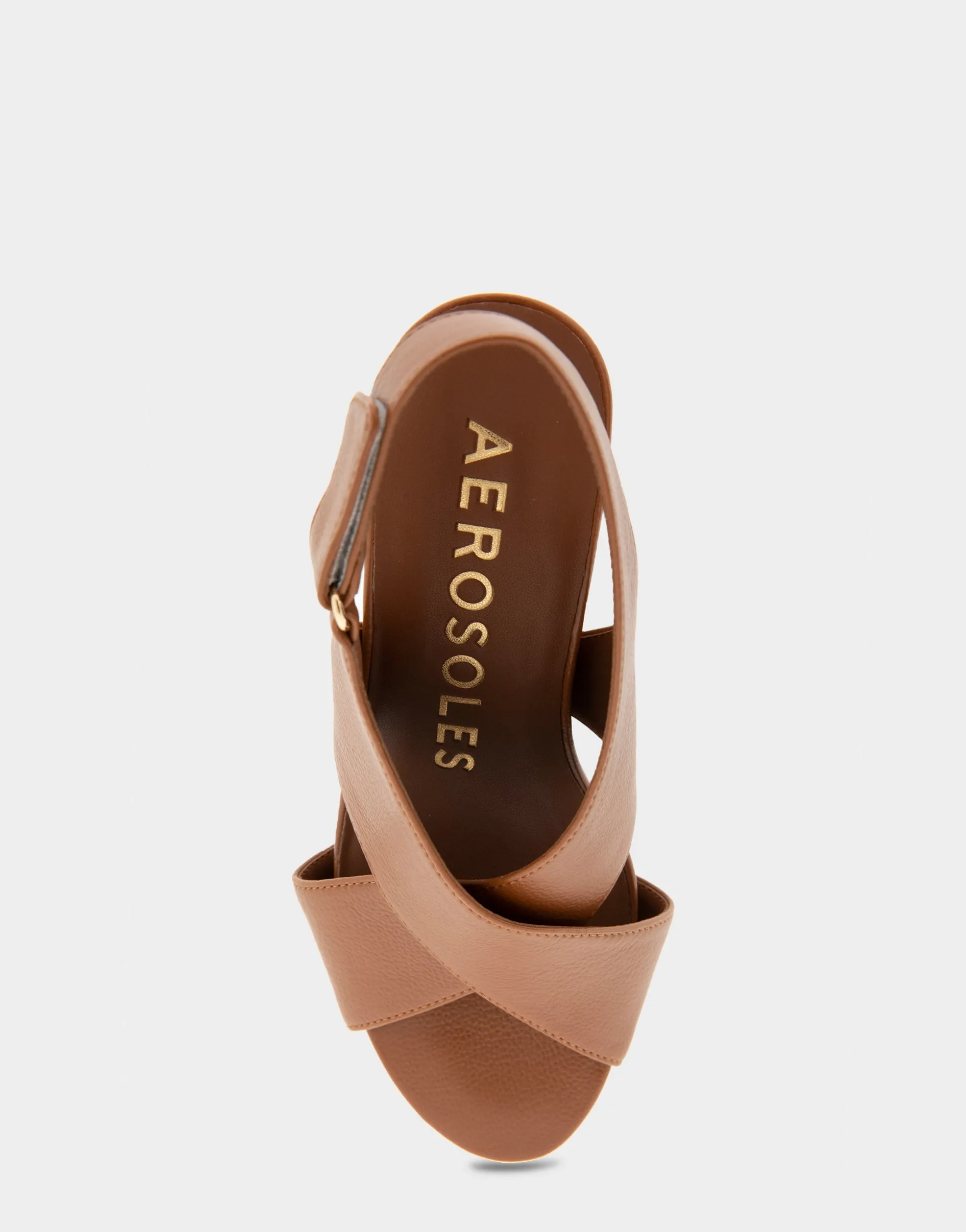 Comfortable Women's Crisscross Velcro Back Footbed Wedge Sandal in Tan Faux Leather