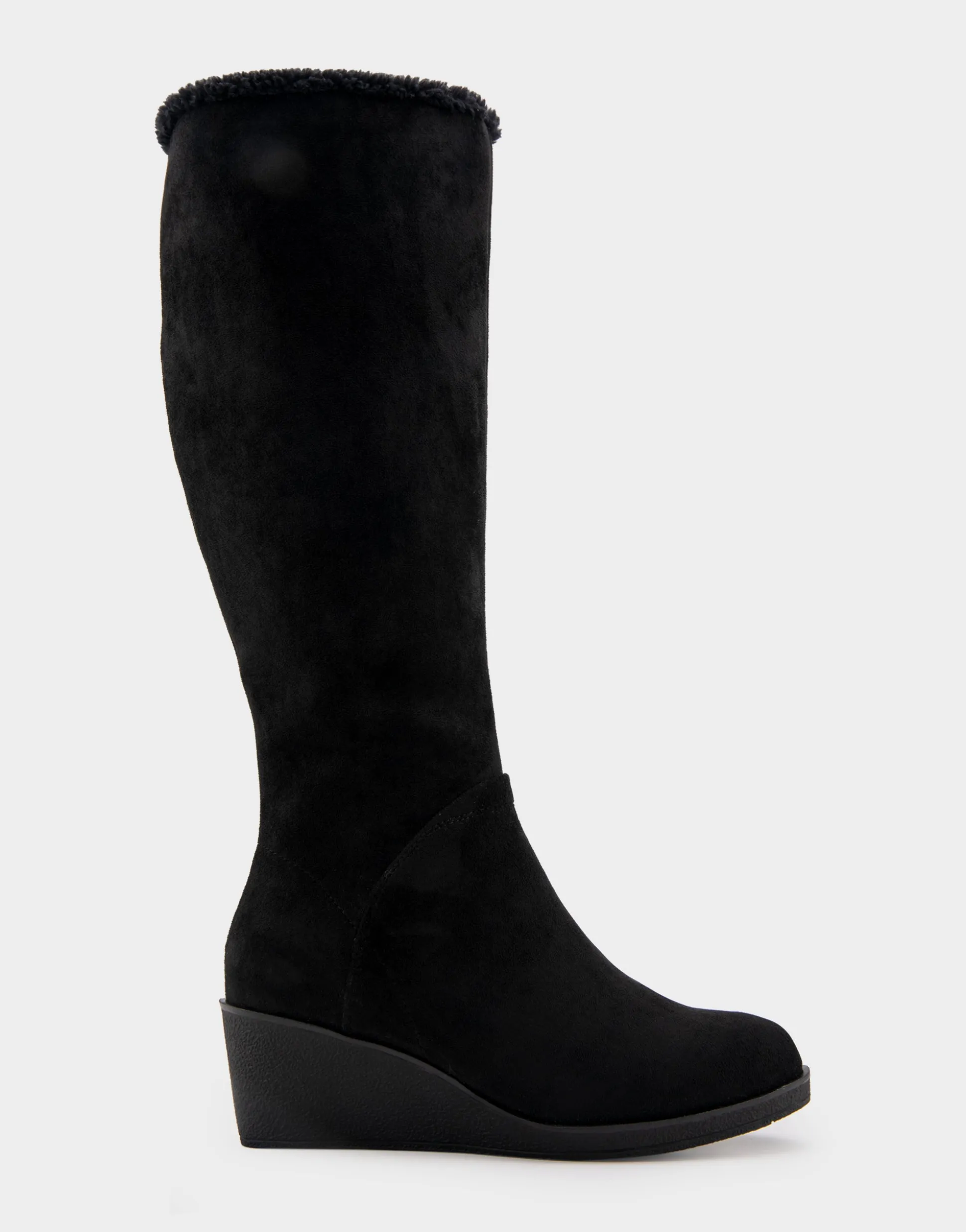 Comfortable Women's Faux Shearling Trimmed Knee High Wedge Boot in Black Faux Suede Faux Suede