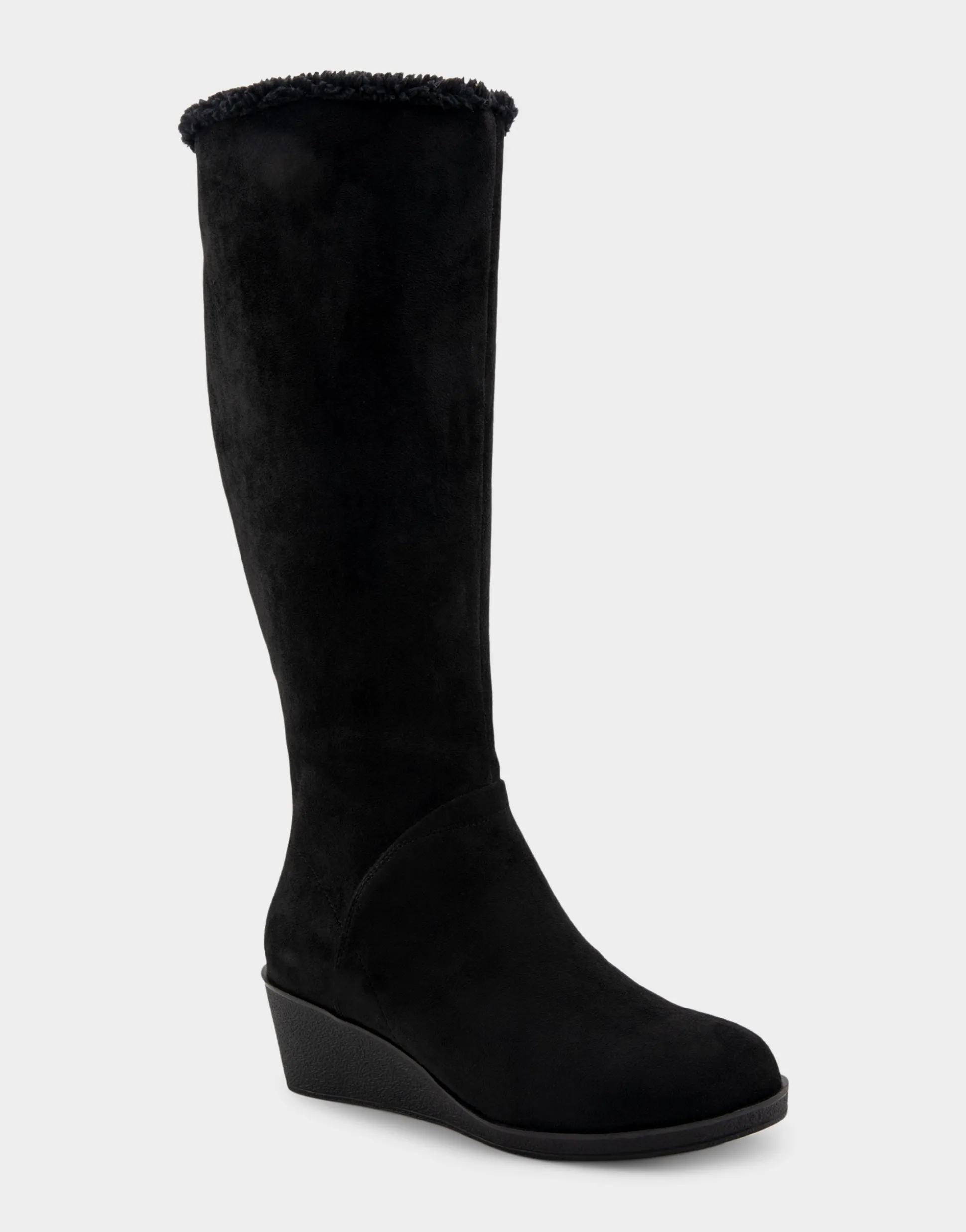 Comfortable Women's Faux Shearling Trimmed Knee High Wedge Boot in Black Faux Suede Faux Suede