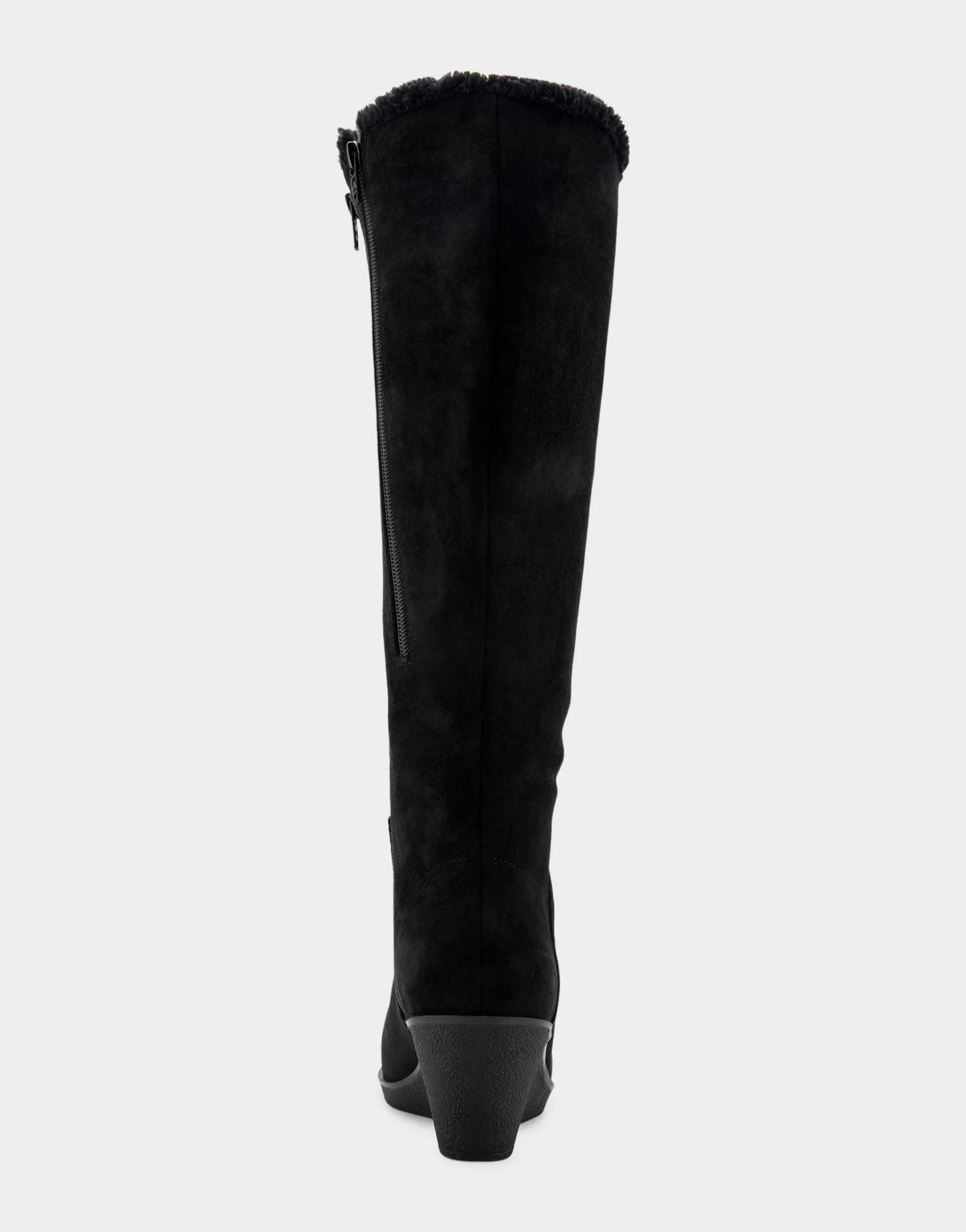 Comfortable Women's Faux Shearling Trimmed Knee High Wedge Boot in Black Faux Suede Faux Suede