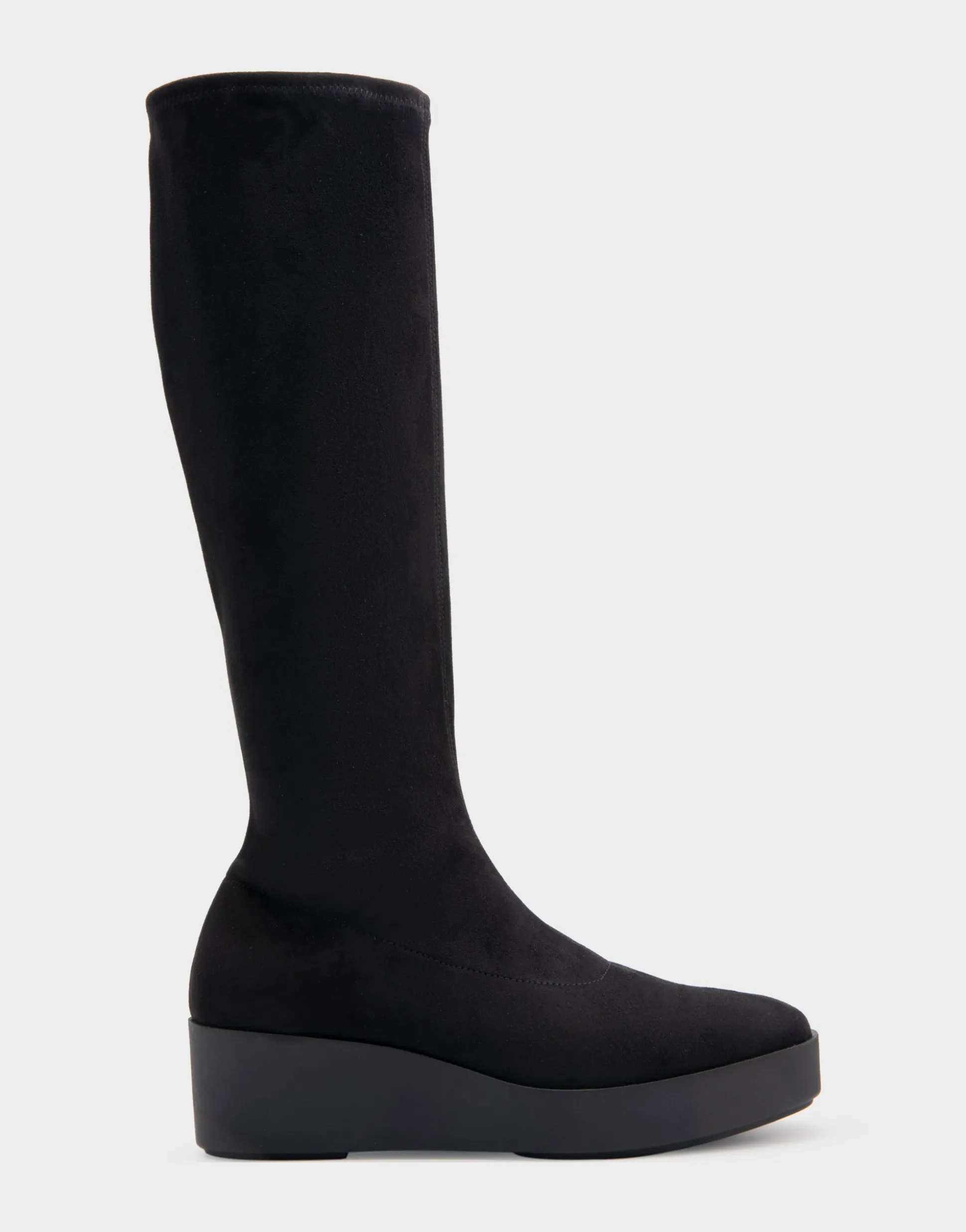 Comfortable Women's Flatform Heel Tall Shaft Boot in Black Stretch Faux Suede