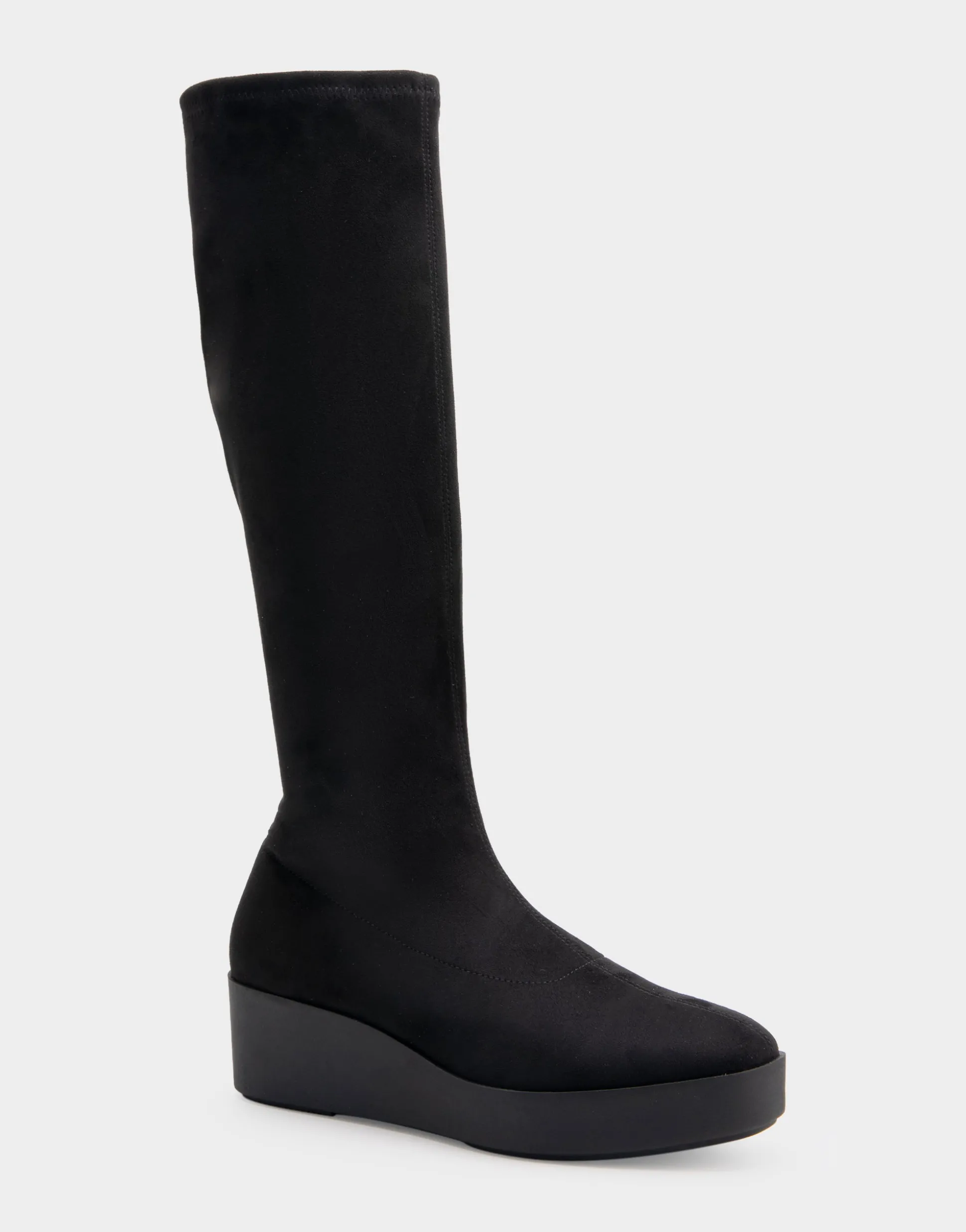 Comfortable Women's Flatform Heel Tall Shaft Boot in Black Stretch Faux Suede