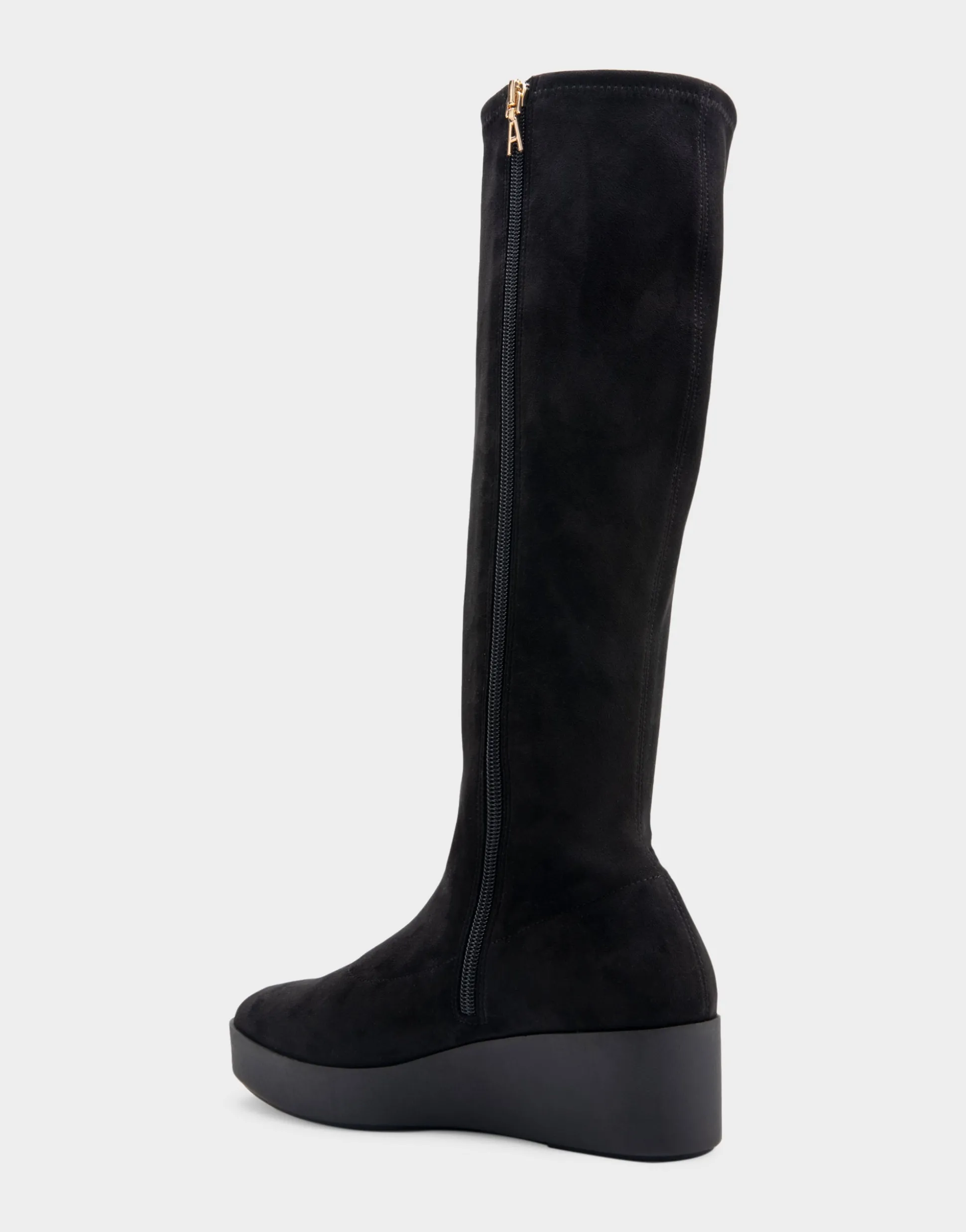 Comfortable Women's Flatform Heel Tall Shaft Boot in Black Stretch Faux Suede