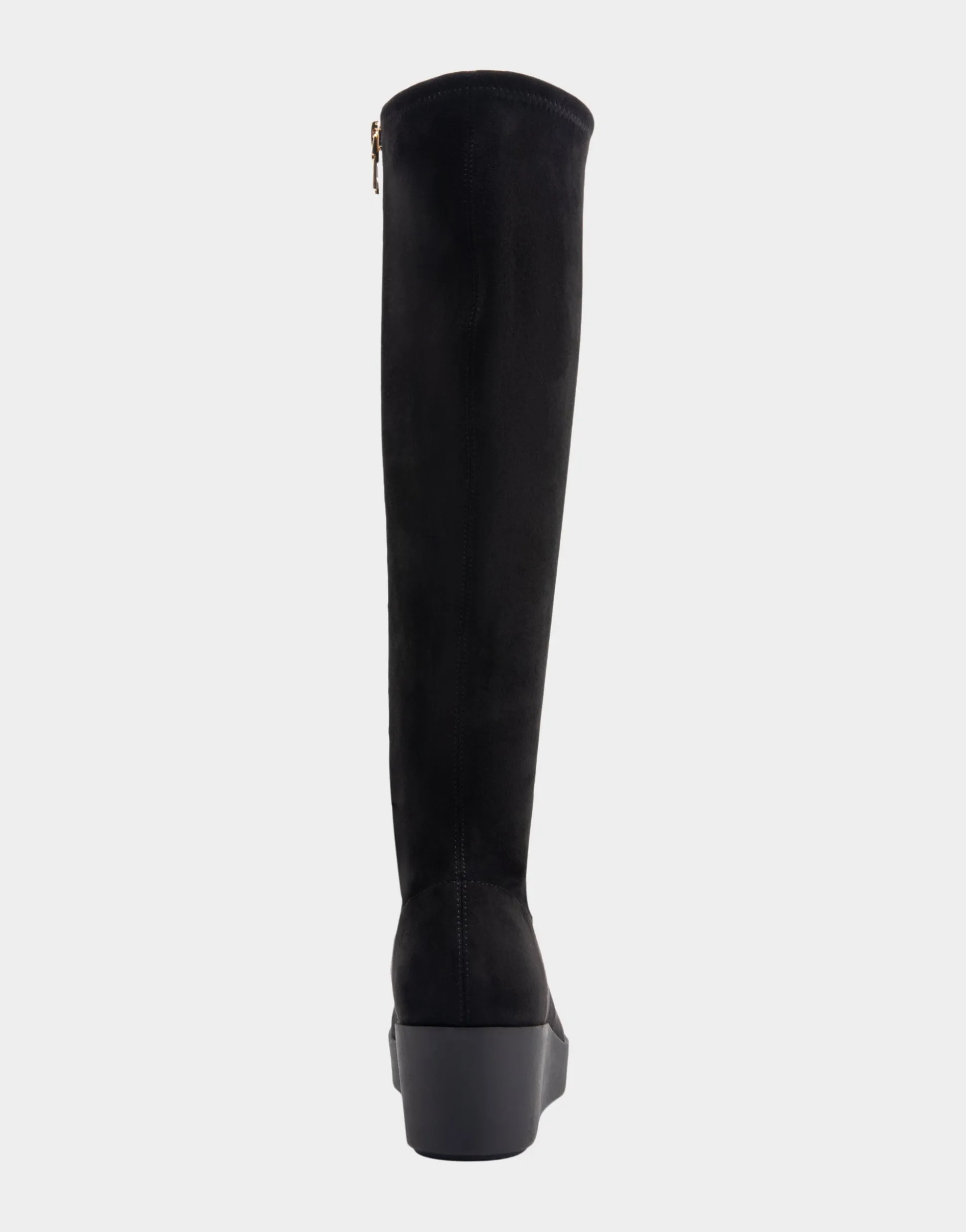 Comfortable Women's Flatform Heel Tall Shaft Boot in Black Stretch Faux Suede