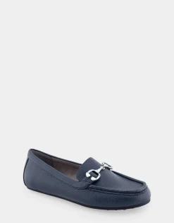 Comfortable Women's Horsebit Driver Moc in Navy Pebbled Faux Leather Faux Leather