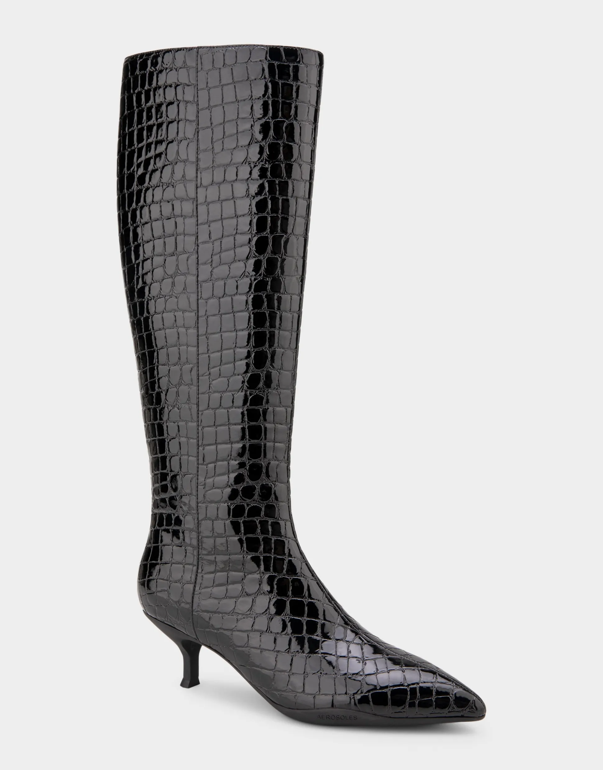 Comfortable Women's Knee High Point Toe Kitten Heel Boot in Black Jelly Croco Croco Faux Leather