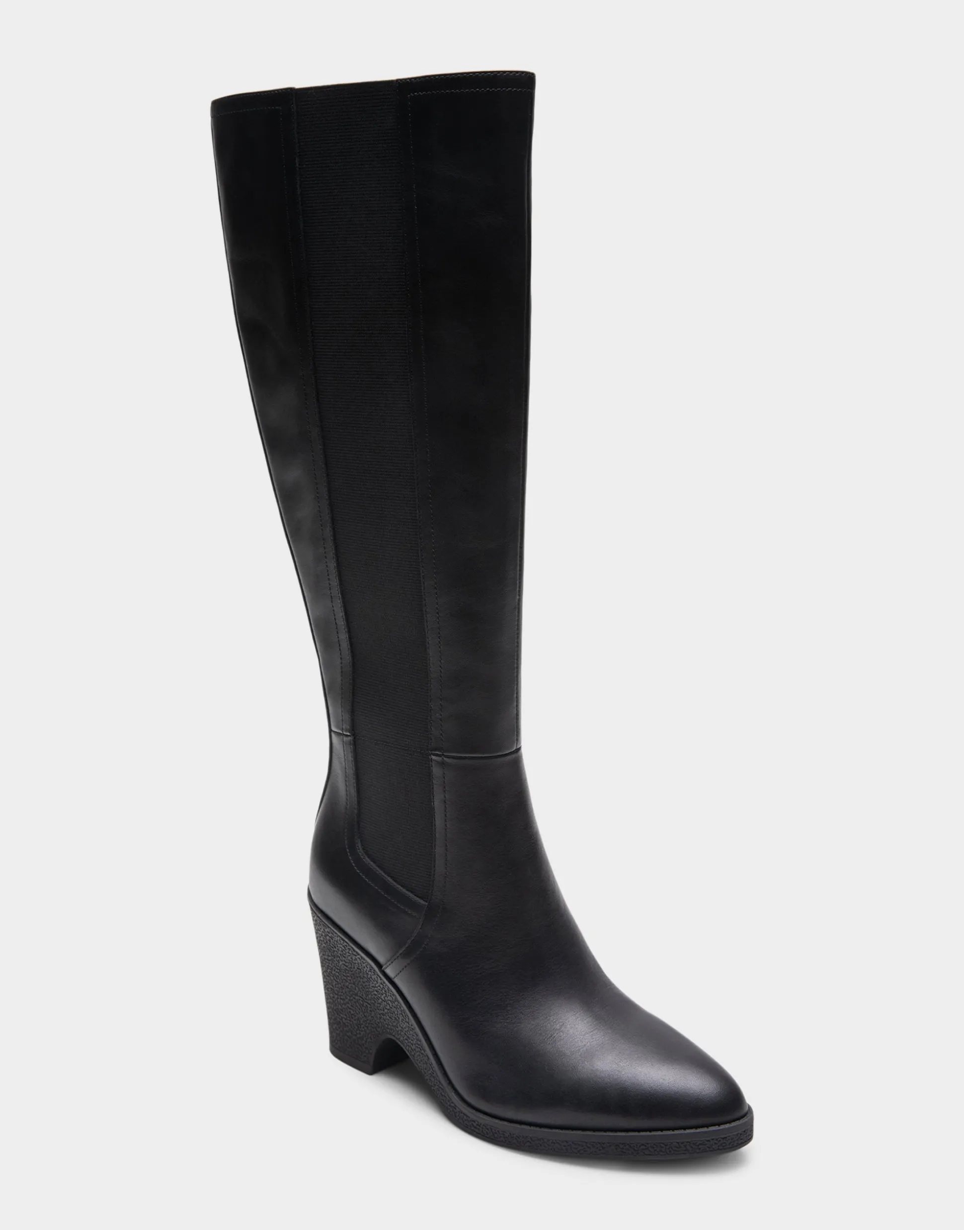 Comfortable Women's Knee High Sculpted Wedge Almond Toe Boot in Black Leather