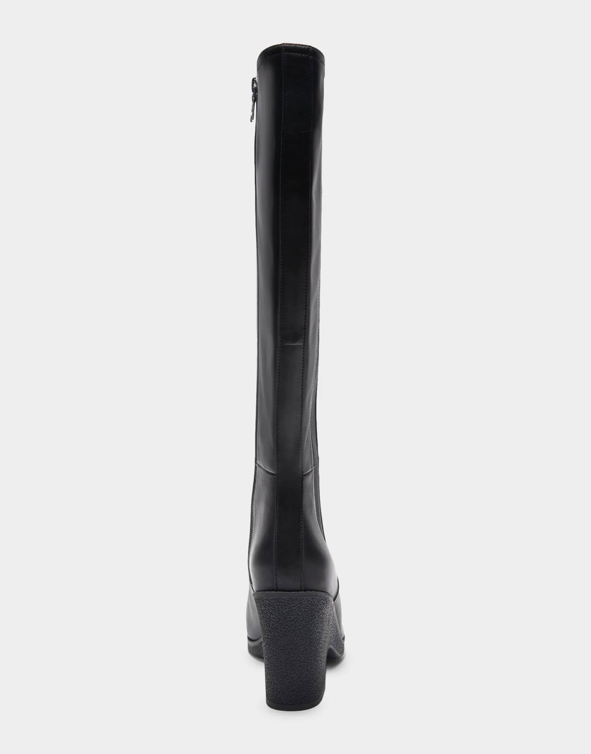 Comfortable Women's Knee High Sculpted Wedge Almond Toe Boot in Black Leather