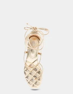 Comfortable Women's Lace Up Platform Sandal in Soft Gold Faux Leather