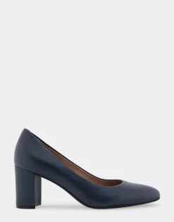 Comfortable Women's Mid Heel Pump in Navy Genuine Leather