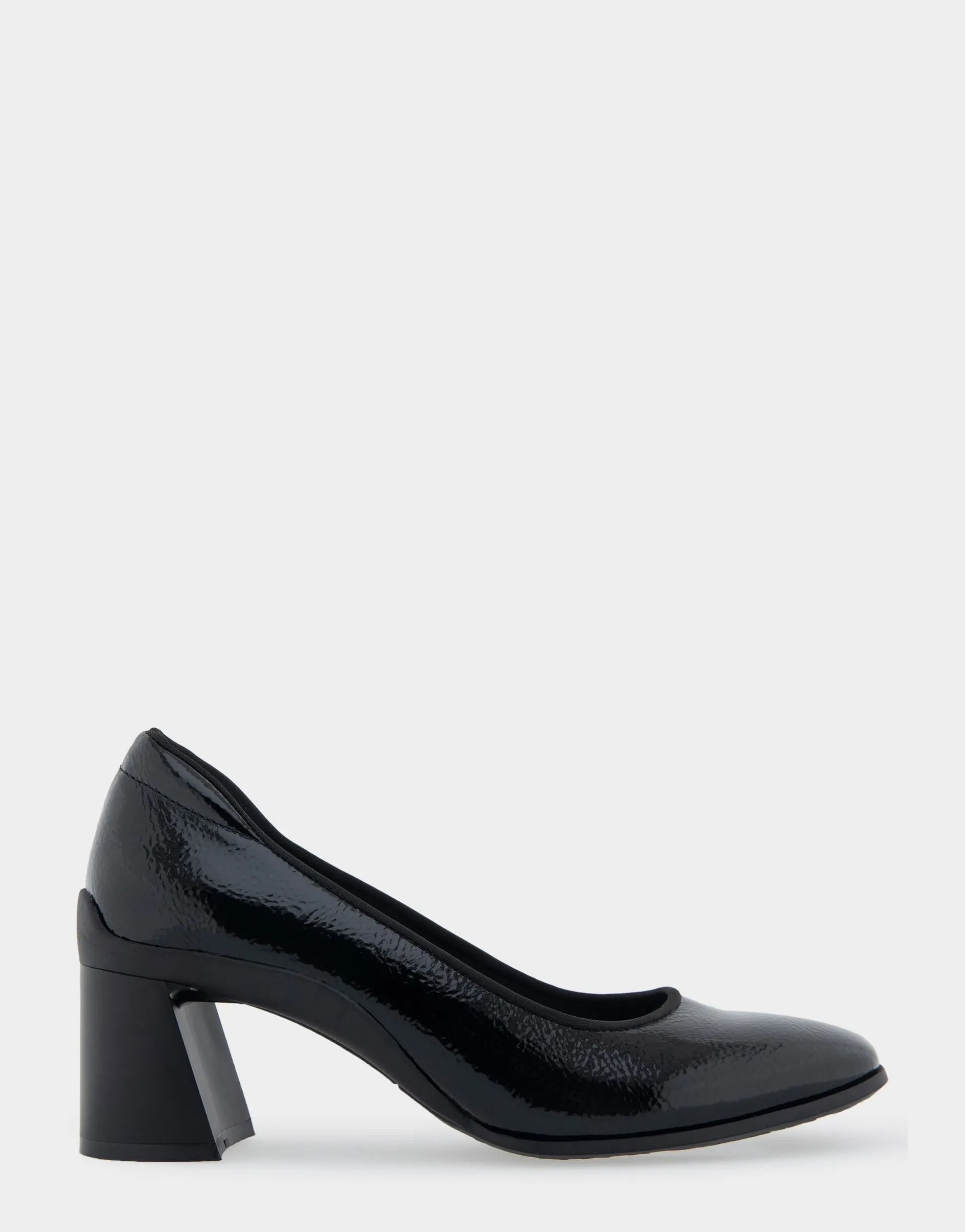 Comfortable Women's Mid Heel Pump in Black Patent Faux Leather
