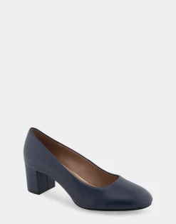 Comfortable Women's Mid Heel Pump in Navy Genuine Leather