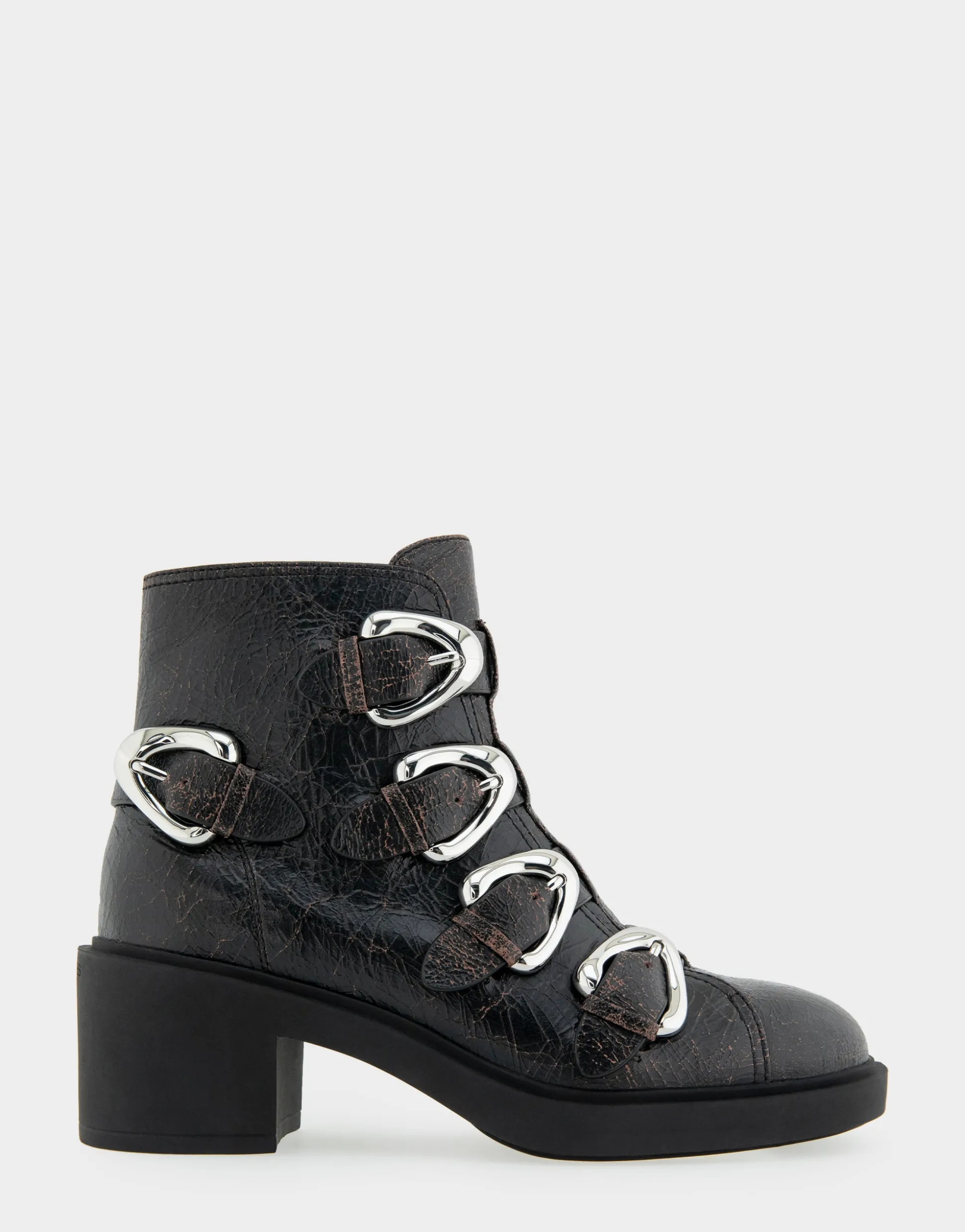 Comfortable Women's Multi Buckle Biker Bootie in Black Crackled Leather
