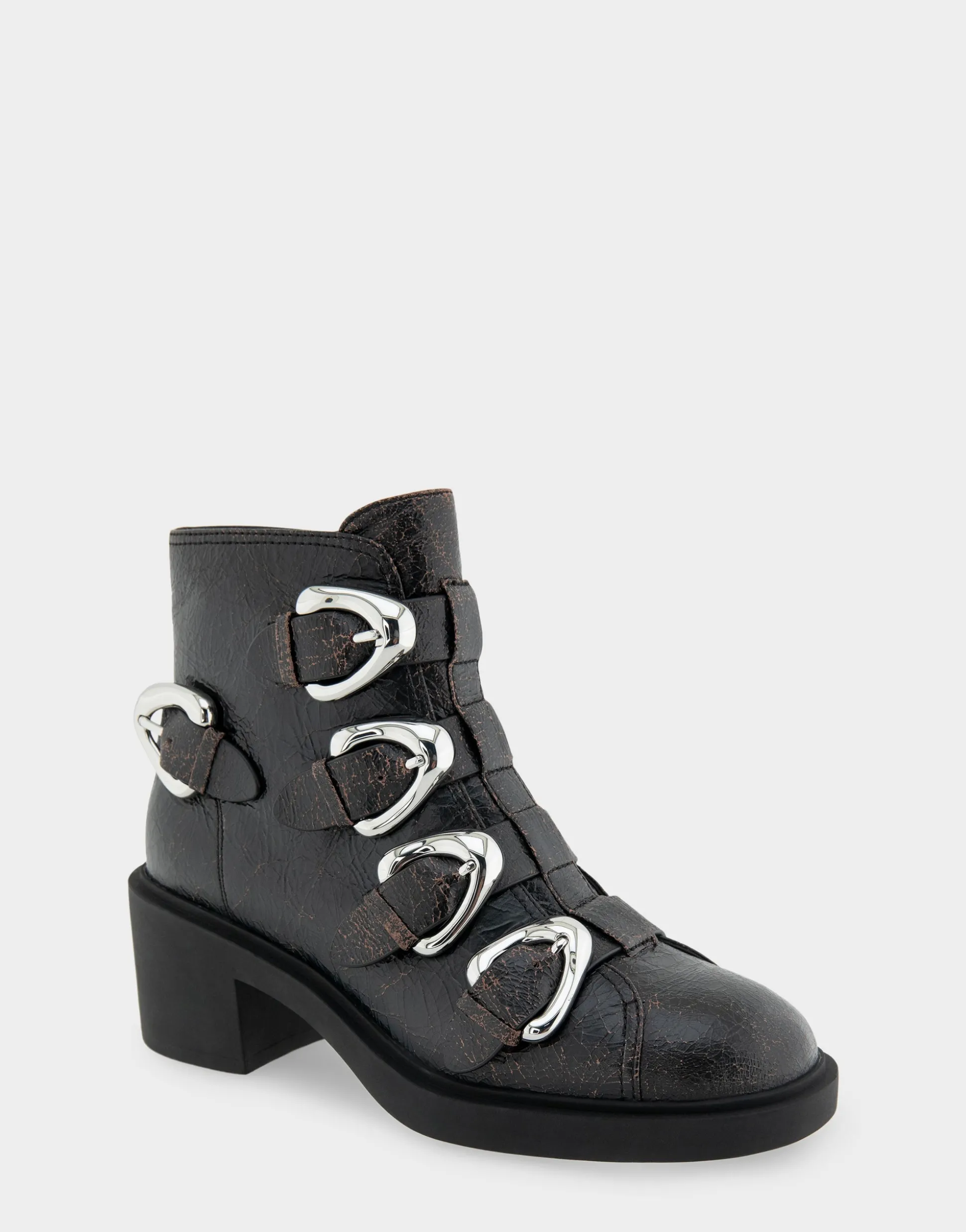 Comfortable Women's Multi Buckle Biker Bootie in Black Crackled Leather