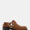 Comfortable Women's Squared Toe Harness Detail Mule in Tobacco Suede