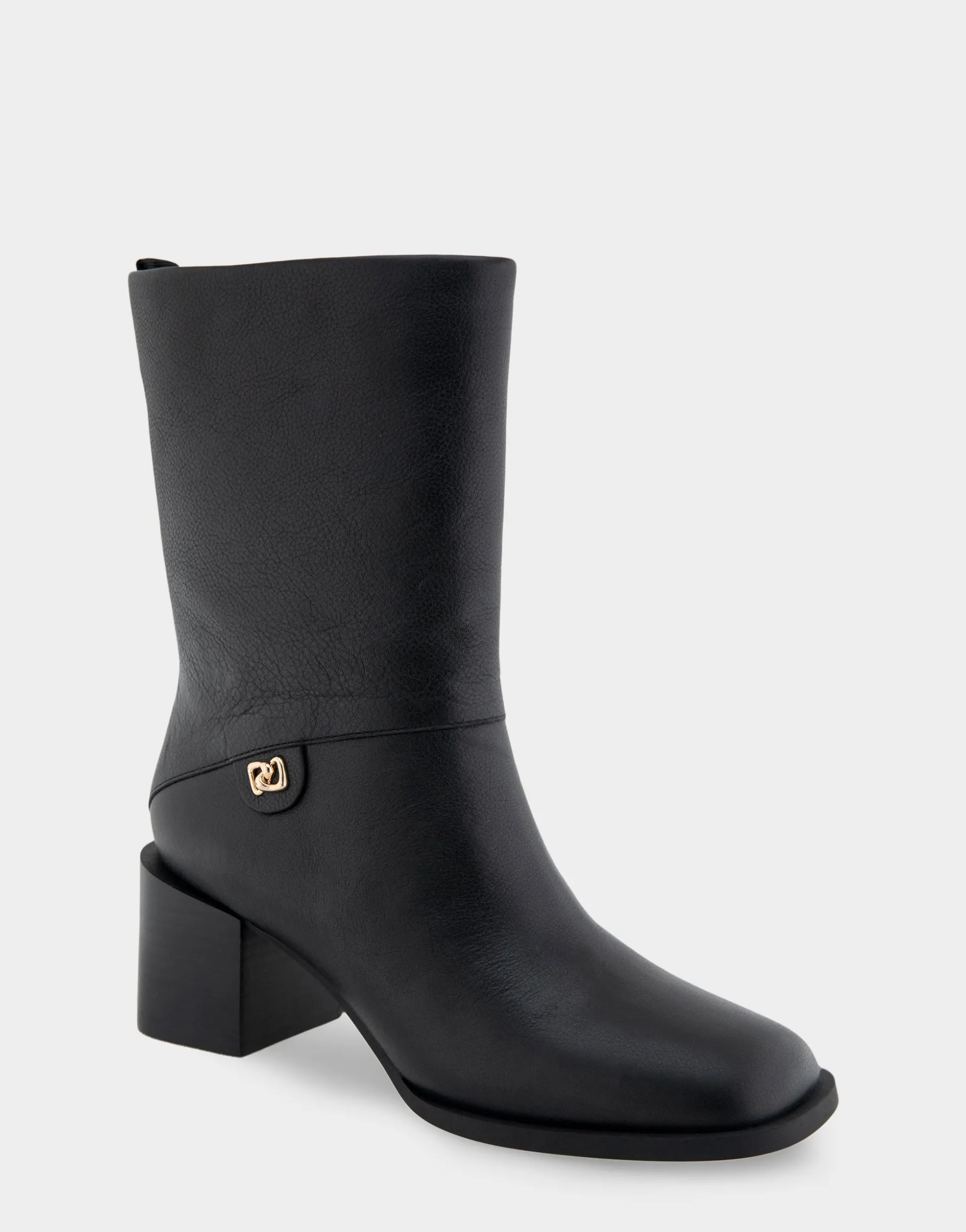 Comfortable Women's Square Toe Slip On Block Heel Mid Calf Bootie in Black Leather Leather