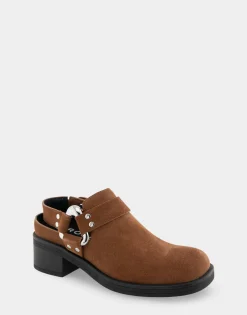 Comfortable Women's Squared Toe Harness Detail Mule in Tobacco Suede