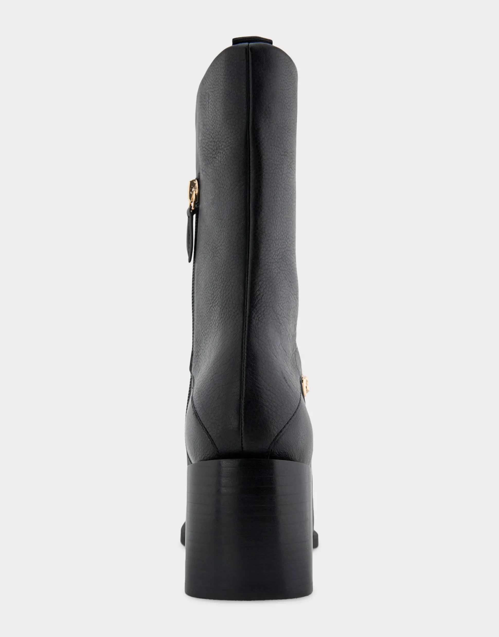 Comfortable Women's Square Toe Slip On Block Heel Mid Calf Bootie in Black Leather Leather