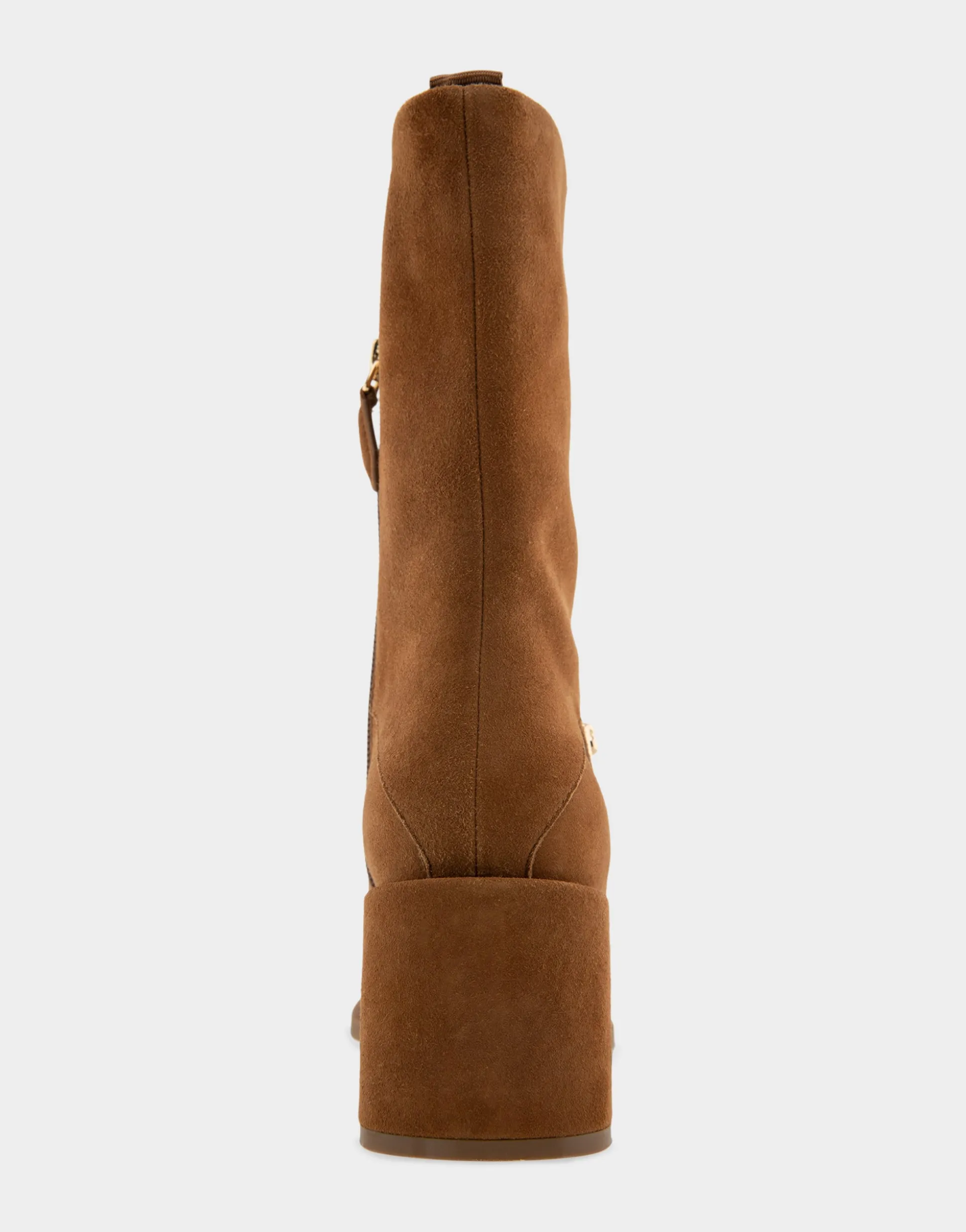 Comfortable Women's Square Toe Slip On Block Heel Mid Calf Bootie in Tobacco Suede Suede