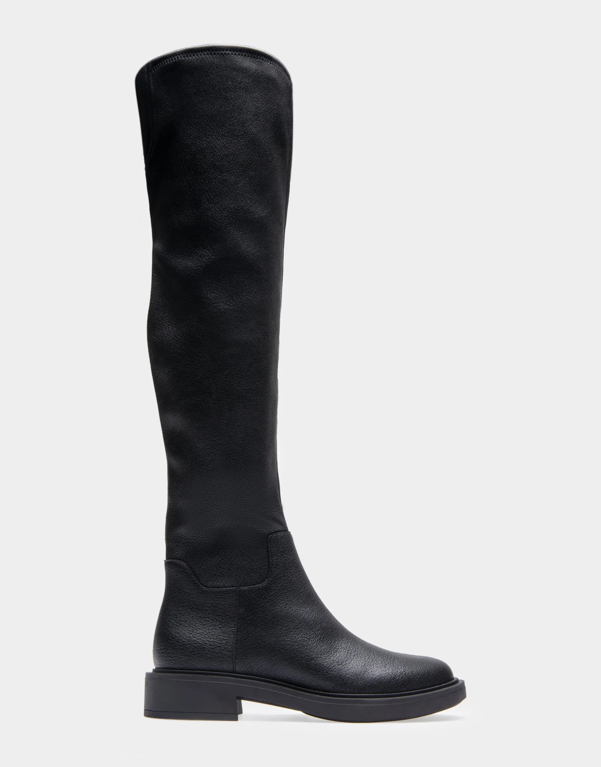 Comfortable Women's Stretch Over The Knee Flat Boot in Black Pebbled Stretch Faux Leather Faux Leather
