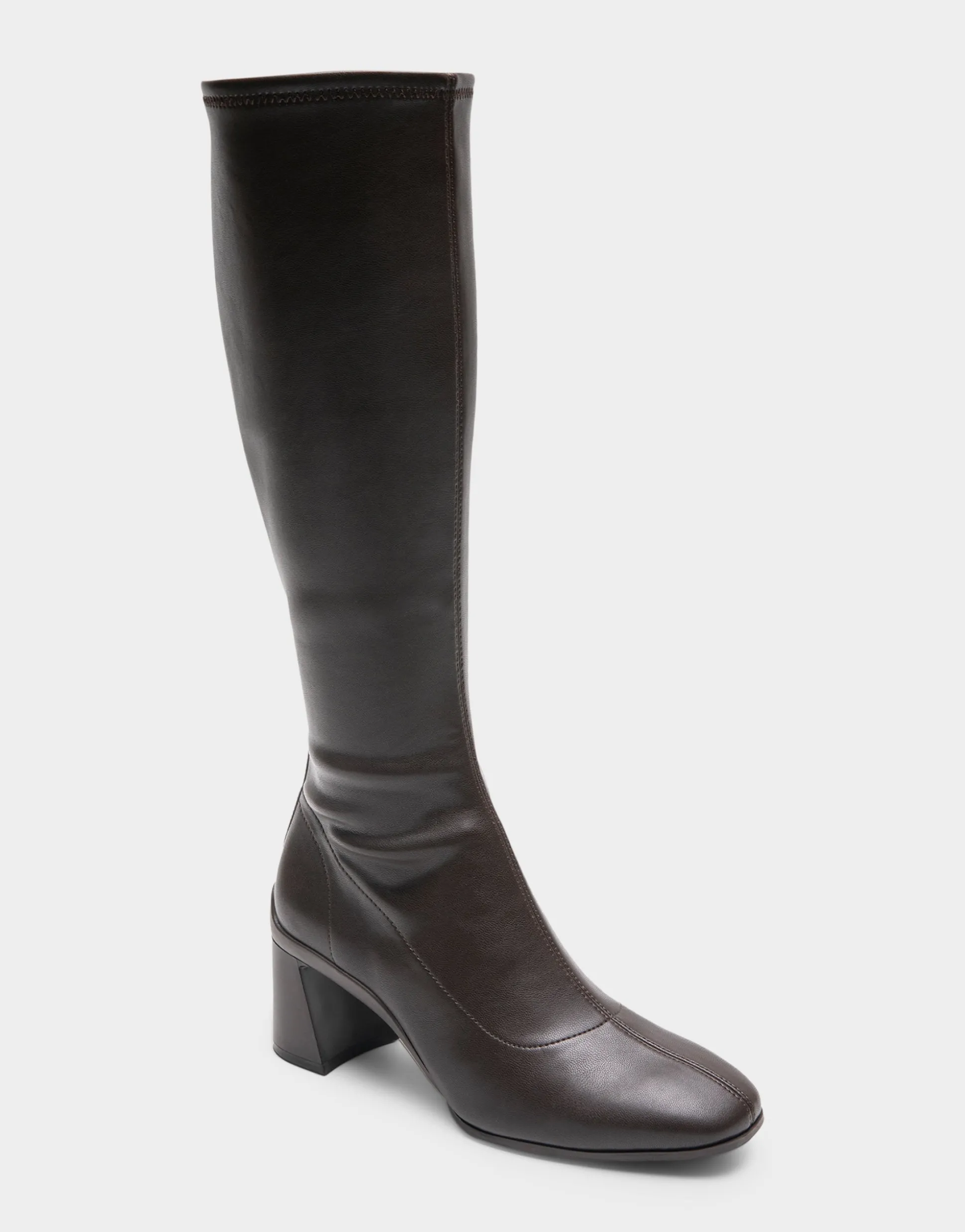 Comfortable Women's Stretch Knee High Sculpted Heel Boot in Java Stretch Faux Leather Faux Leather