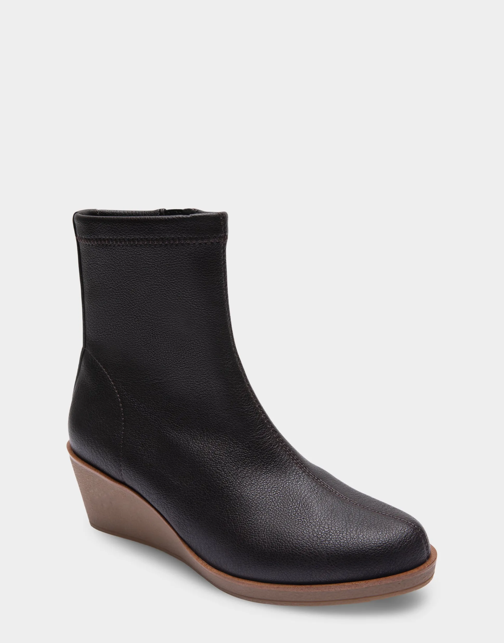 Comfortable Women's Stretch Ankle Crepe Textured Wedge Bootie in Java Stretch Pebbled Faux Leather Faux Leather