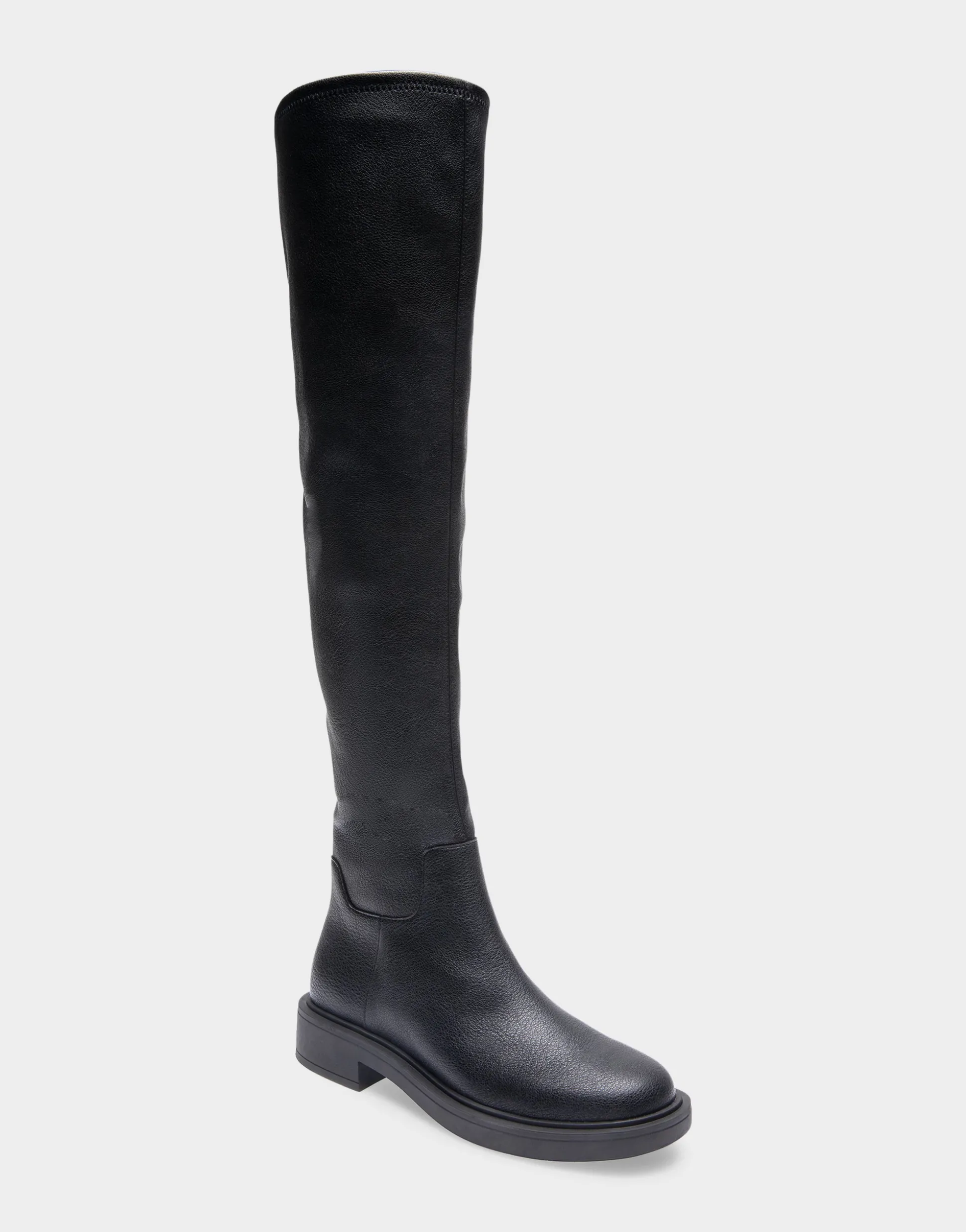 Comfortable Women's Stretch Over The Knee Flat Boot in Black Pebbled Stretch Faux Leather Faux Leather