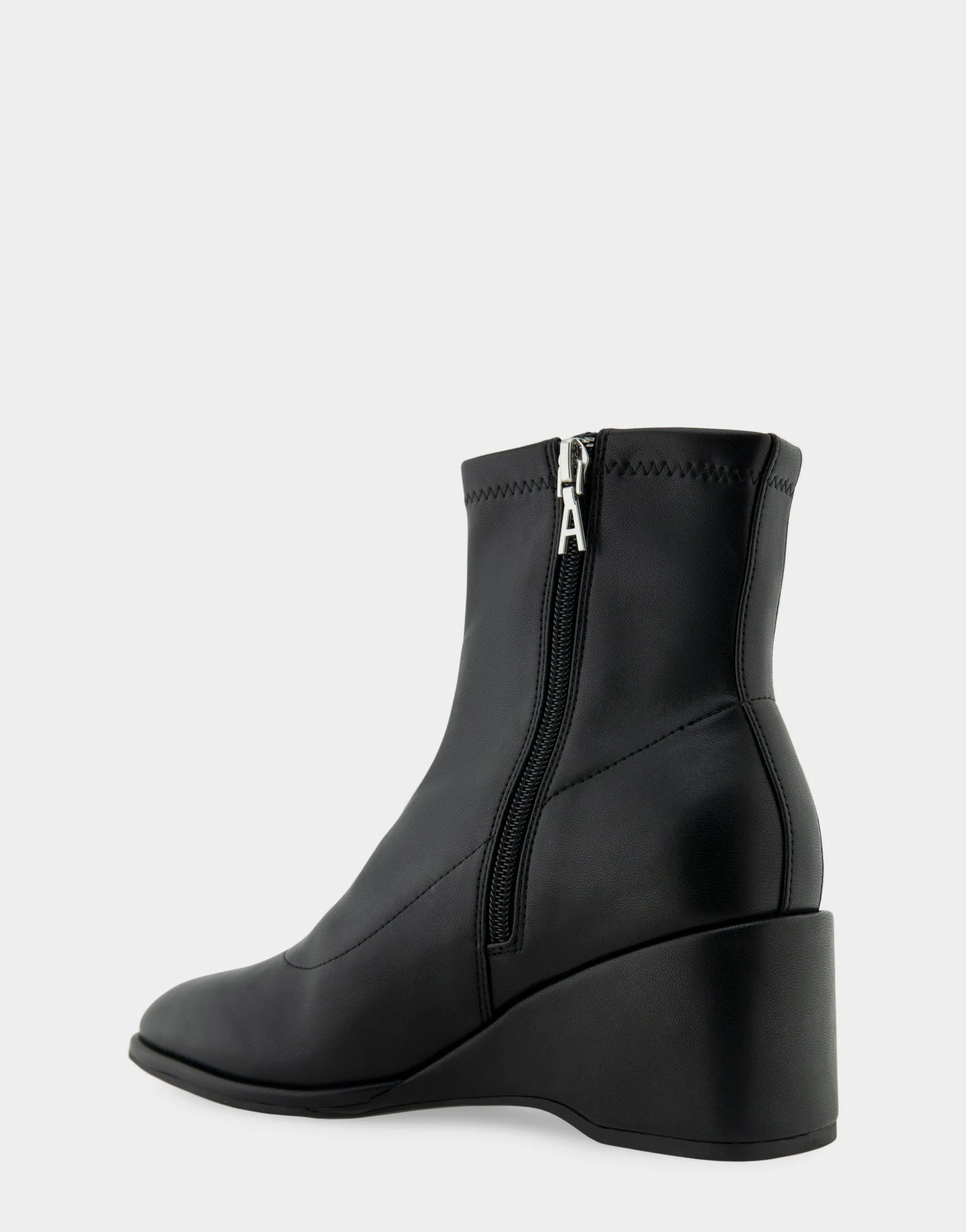 Comfortable Women's Stretch Ankle Sculpted Wedge Boot in Black Stretch Faux Leather Faux Leather
