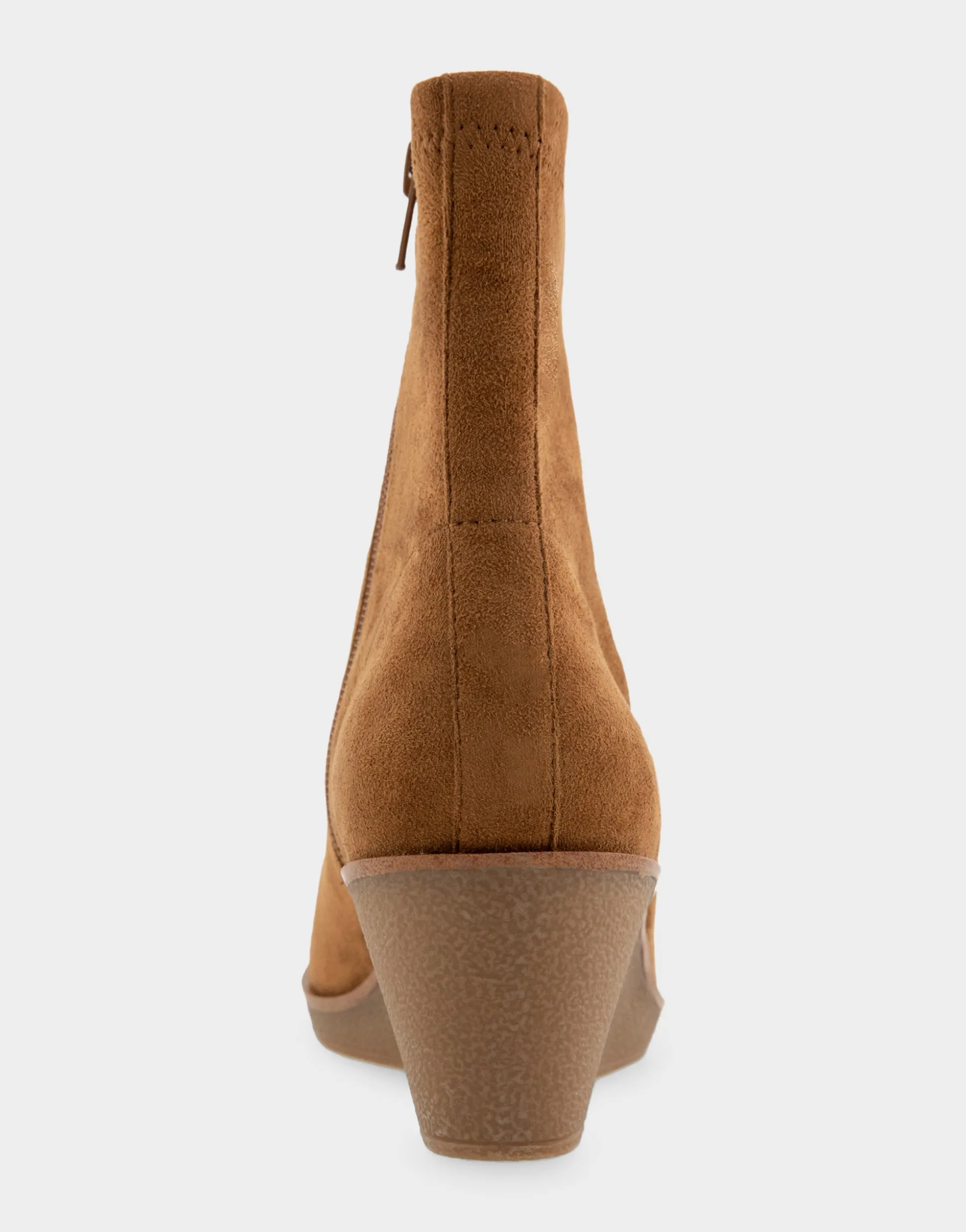 Comfortable Women's Stretch Ankle Crepe Textured Wedge Bootie in Tobacco Faux Suede Faux Stretch Suede