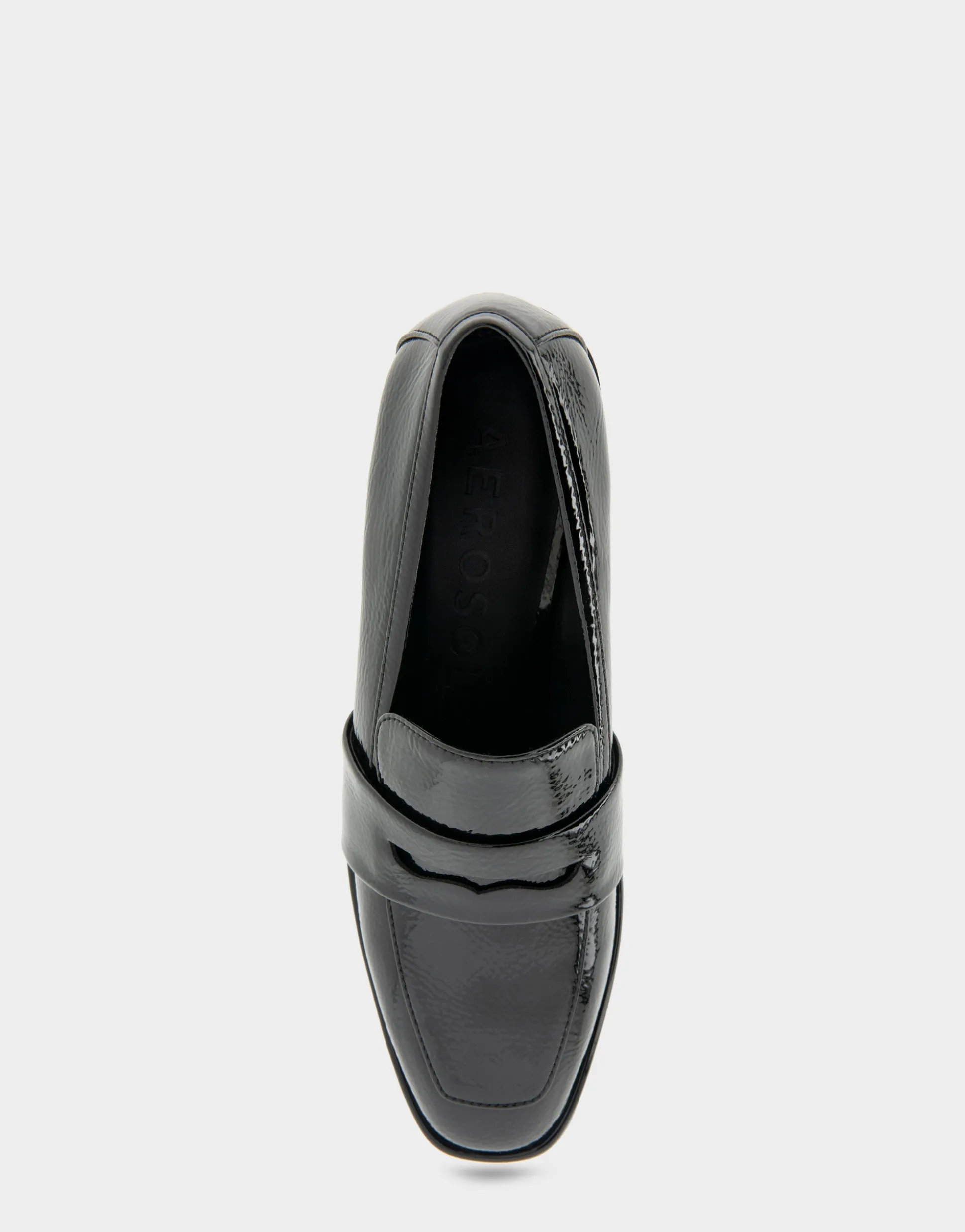Comfortable Women's Tailored Block Heel Loafer in Black Crinkled Patent Faux Leather Patent Faux Leather