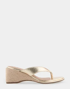 Comfortable Women's Wedge Thong Sandal in Soft Gold Faux Leather