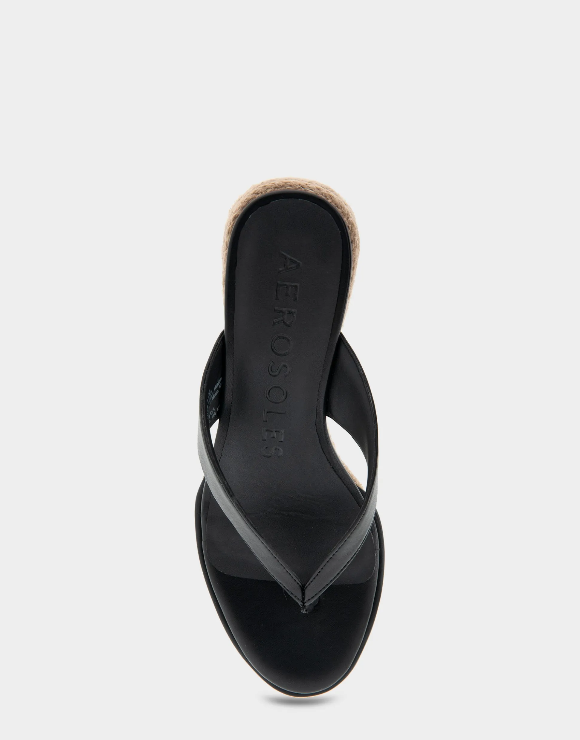 Comfortable Women's Wedge Thong Sandal in Black Faux Leather